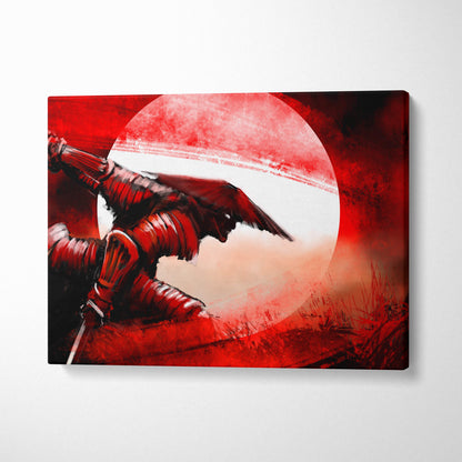 Red samurai battle canvas print featuring a red armored warrior with wings in cinematic ink painting style