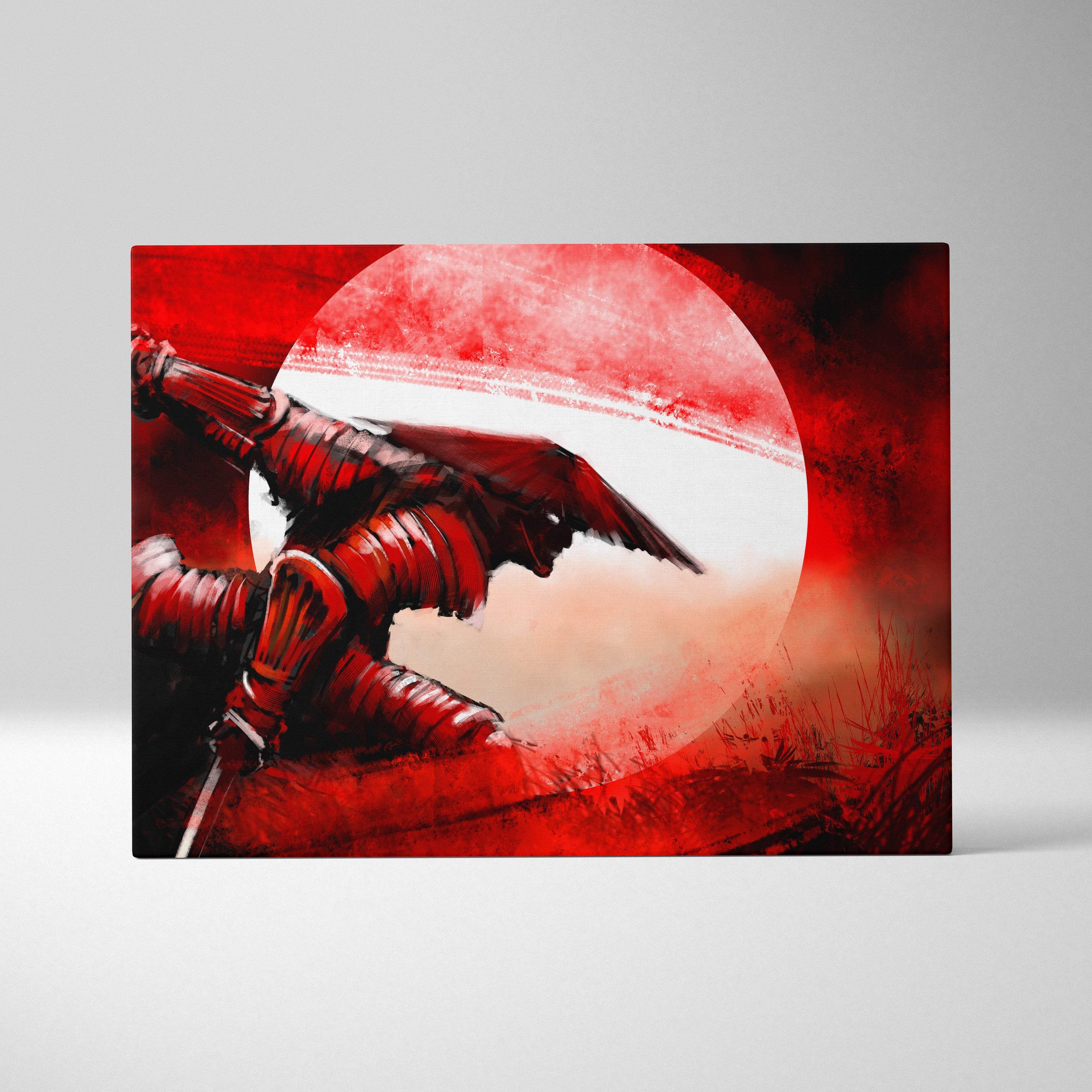Red samurai battle canvas print featuring a red and black armored warrior with wings in cinematic ink style