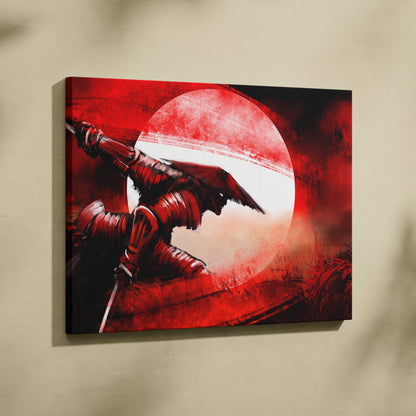 Red and black armored warrior with wings on stretched canvas red samurai battle print martial arts wall art