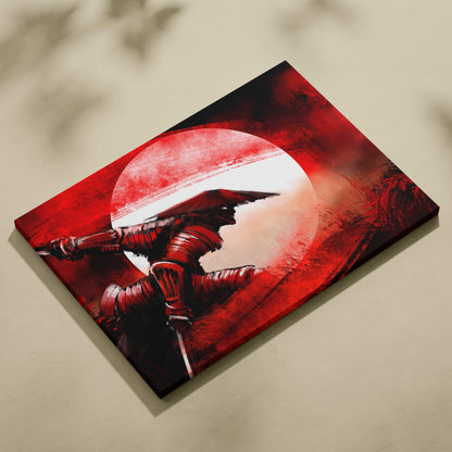 Red and black canvas print of a stylized armored samurai warrior against a blood red moon for martial arts decor