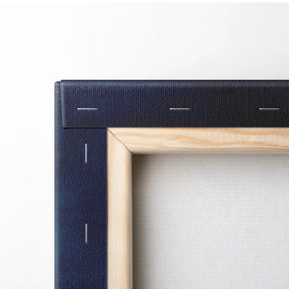 Navy blue textured canvas frame with light wood border minimalist sky art