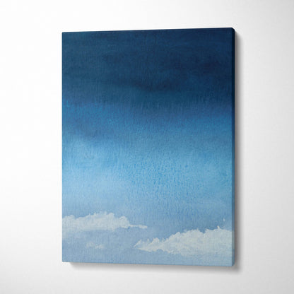 Minimalist watercolor sky canvas art with navy to azure gradient and soft white clouds
