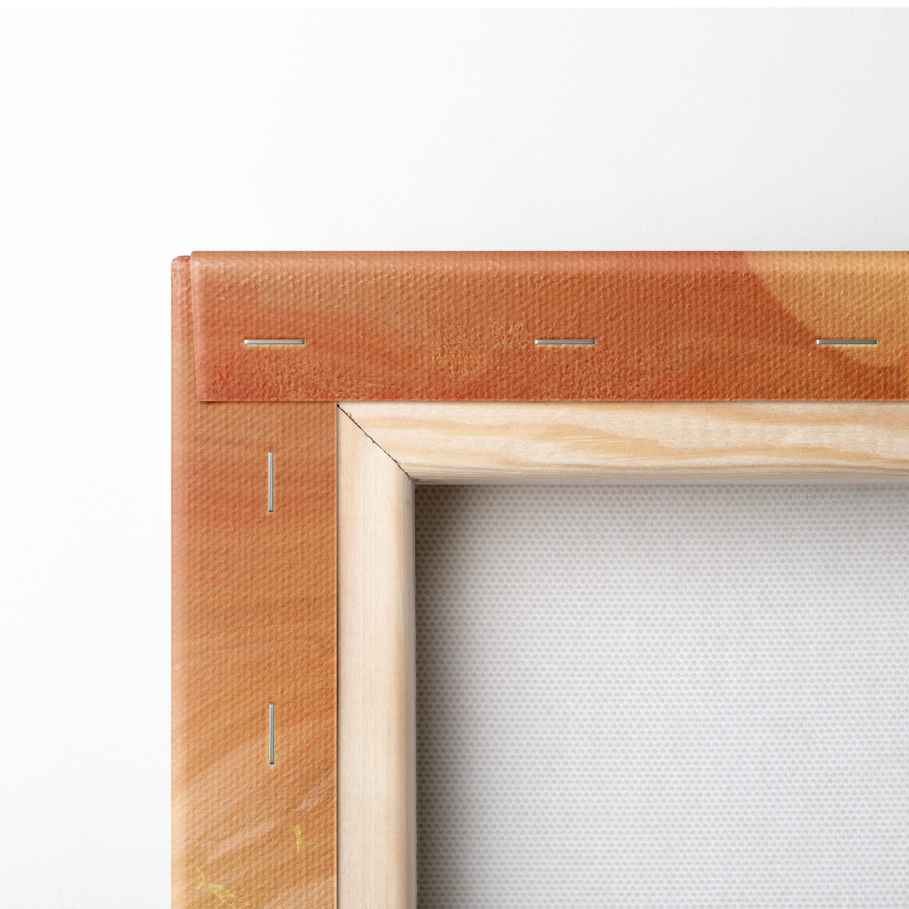 Back side of abstract warrior woman canvas wall art with light brown canvas and natural wood frame stitching visible