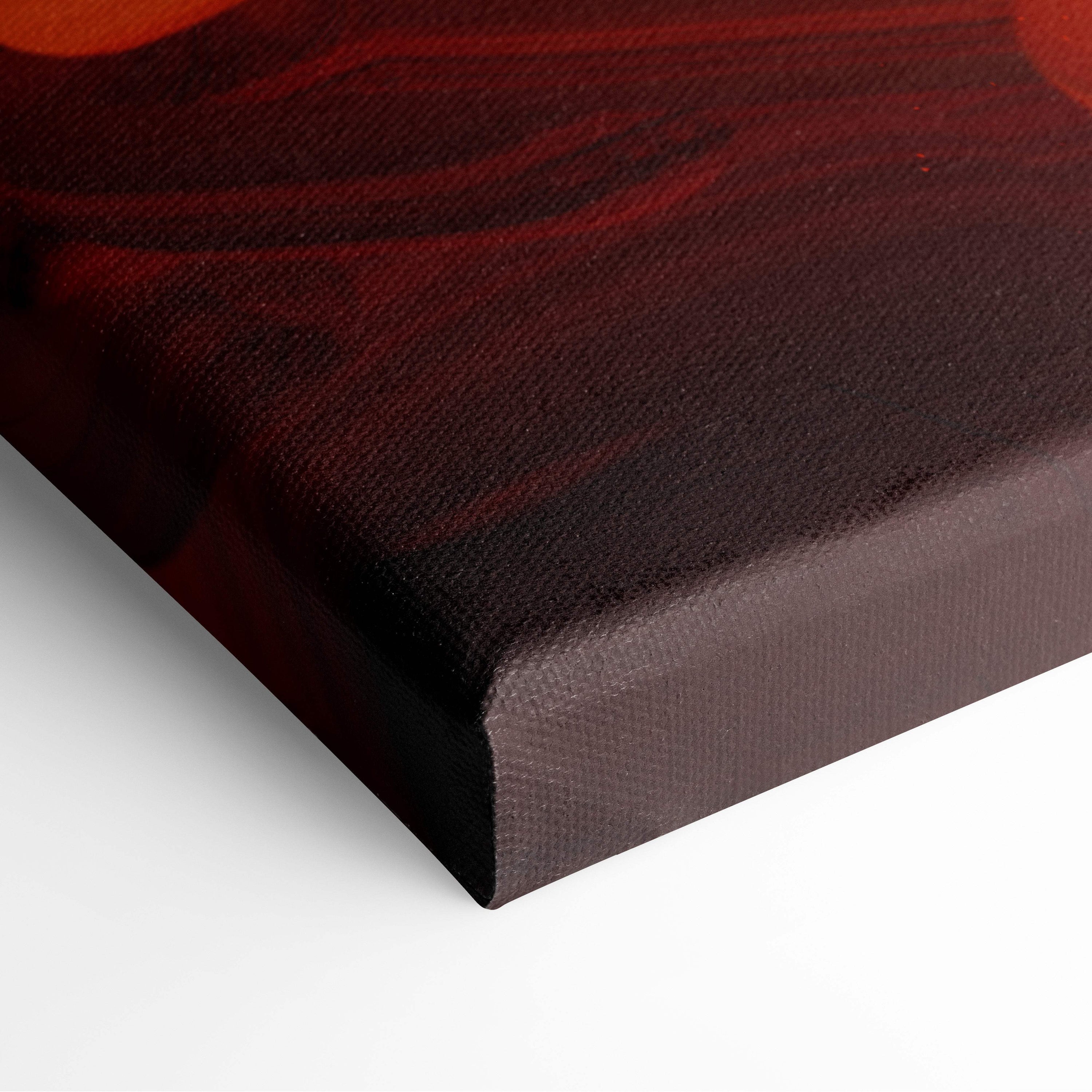 A deep red abstract warrior woman canvas print with wood-grain texture and fiery orange gold silhouette design