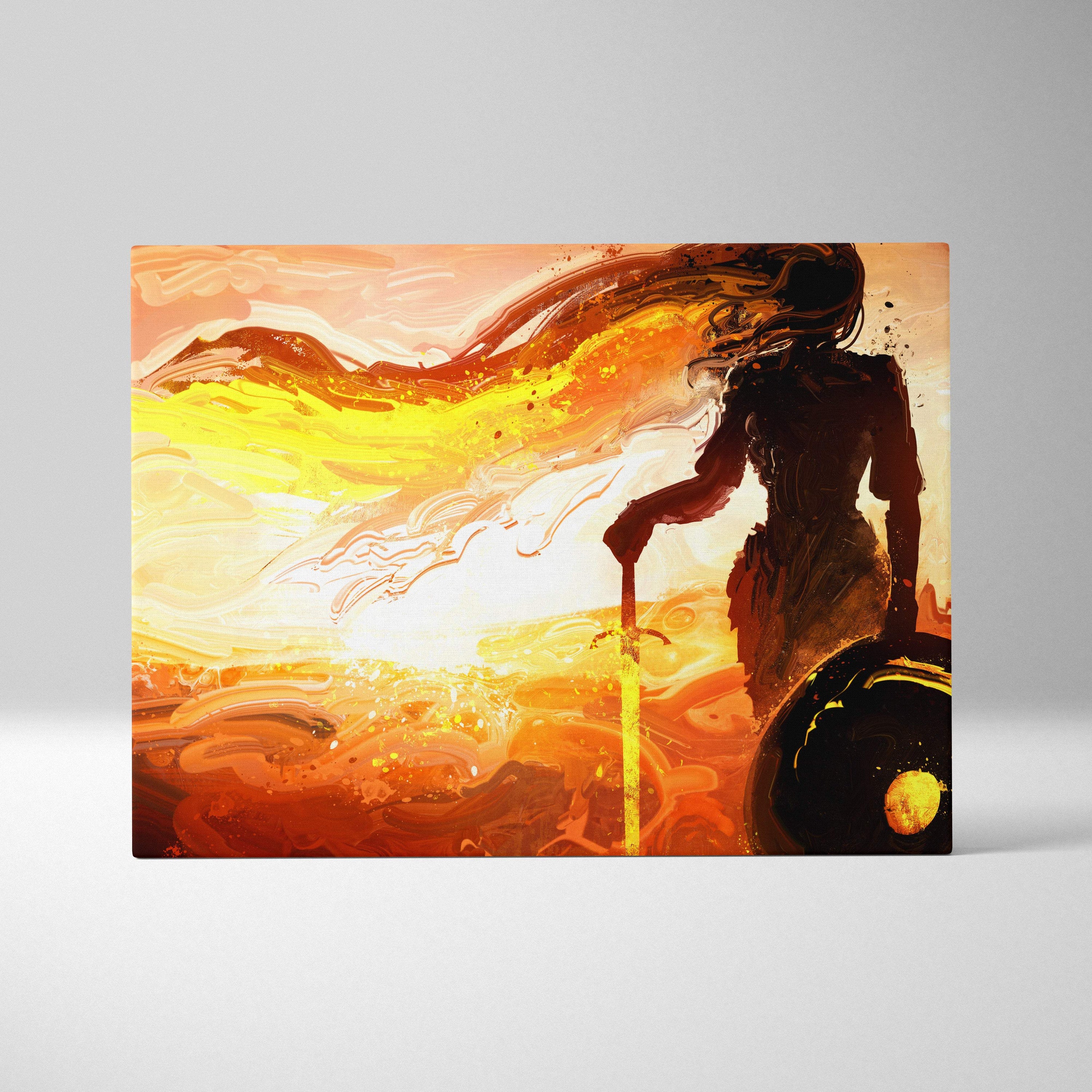Vibrant orange and yellow abstract warrior woman canvas wall art featuring bold silhouette with sword against fiery sunset