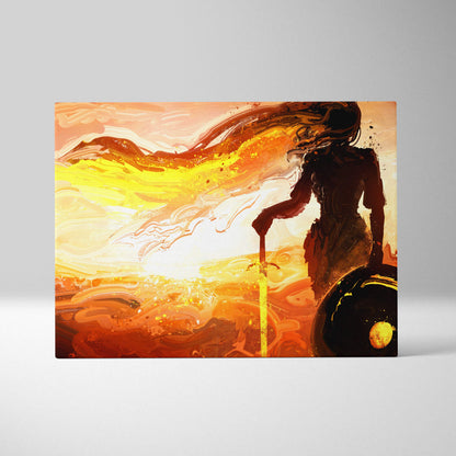Vibrant orange and yellow abstract warrior woman canvas wall art featuring bold silhouette with sword against fiery sunset