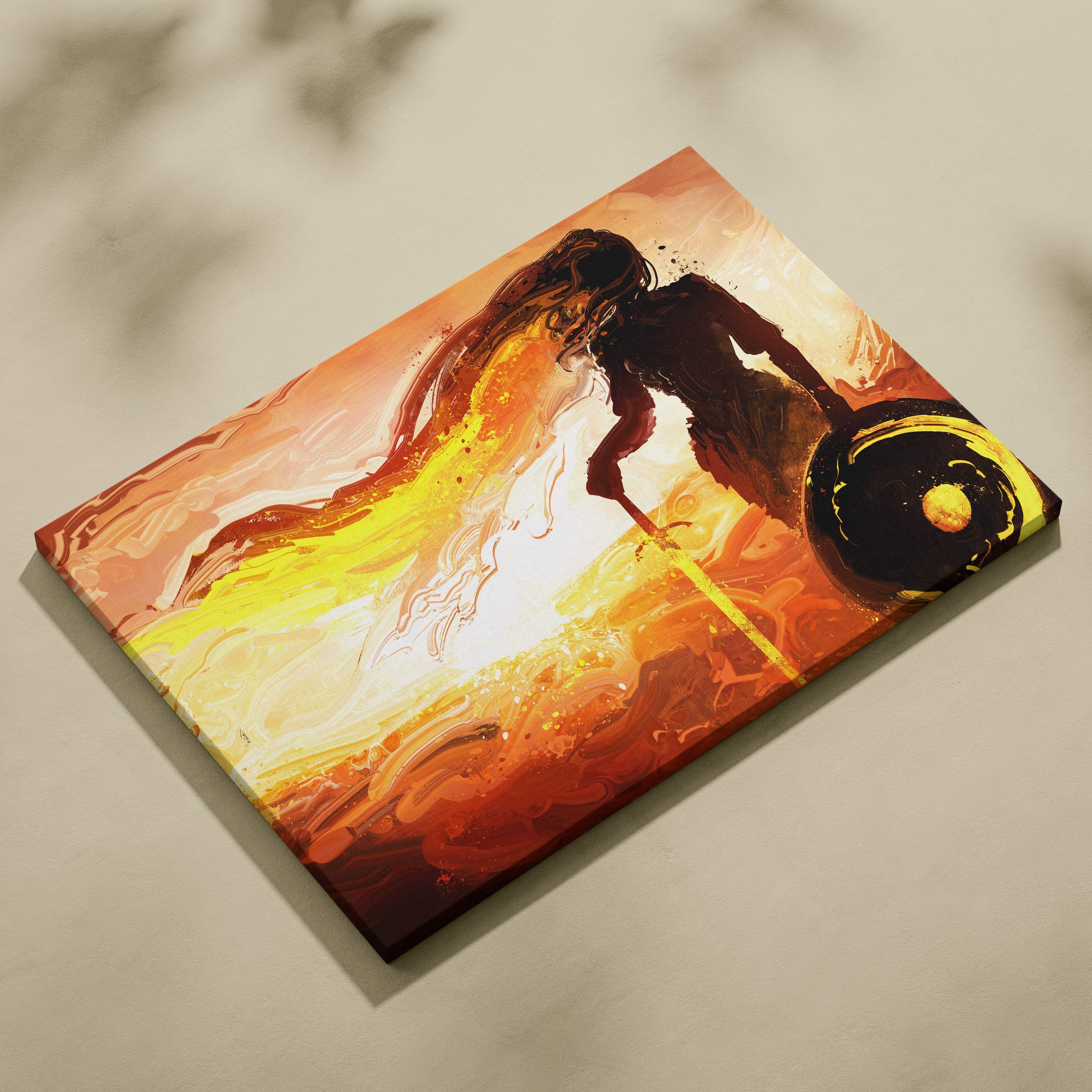 Vibrant orange and yellow abstract warrior woman canvas wall art with flowing hair fiery backdrop in modern fluid style