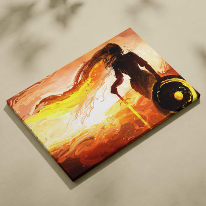 Vibrant orange and yellow abstract warrior woman canvas wall art with flowing hair fiery backdrop in modern fluid style