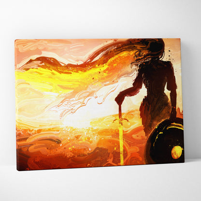 Abstract warrior woman canvas wall art with vibrant orange and yellow fiery silhouette holding sword in modern fluid style