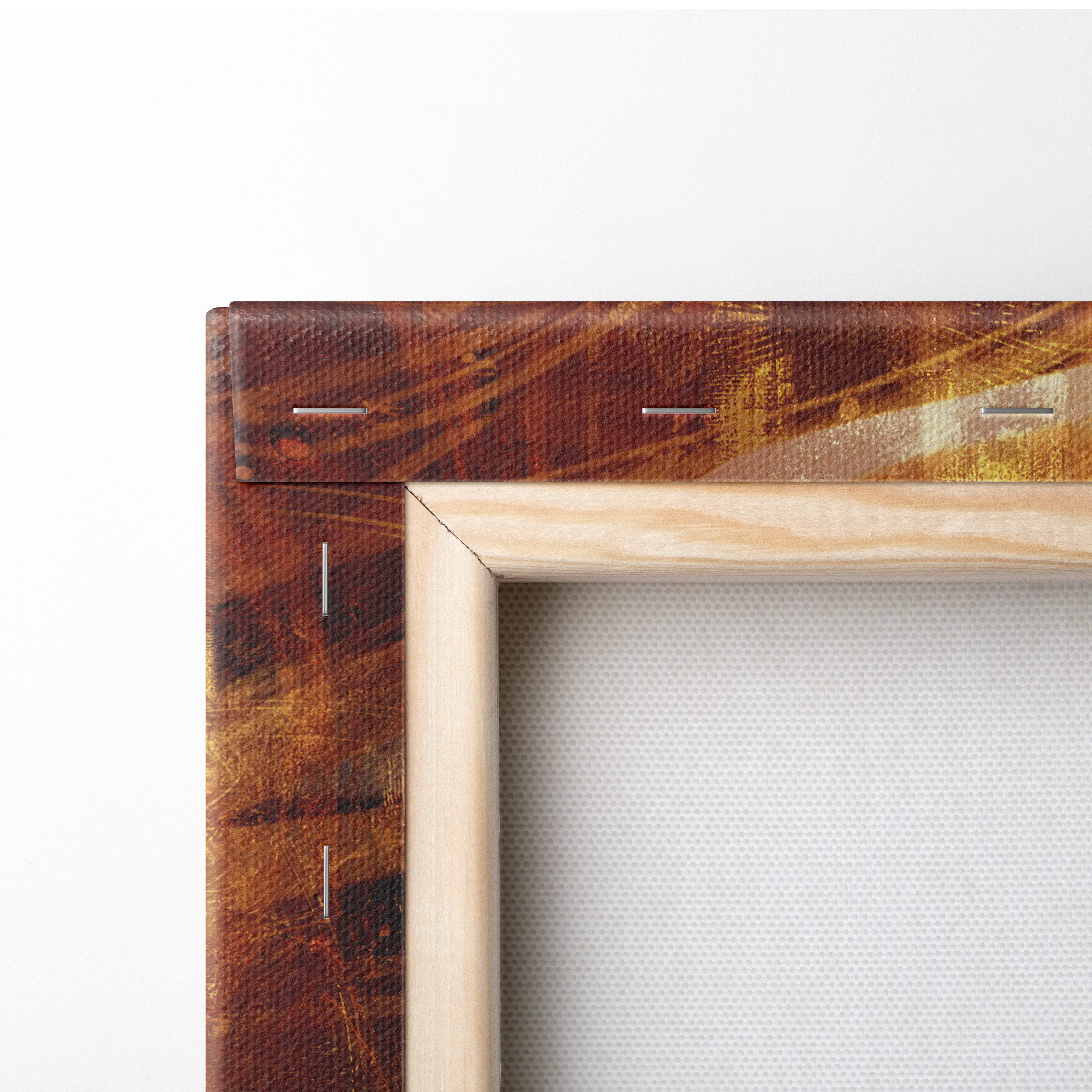 A rustic wooden canvas frame with rich brown textured finish and visible stitching for majestic stag silhouette art