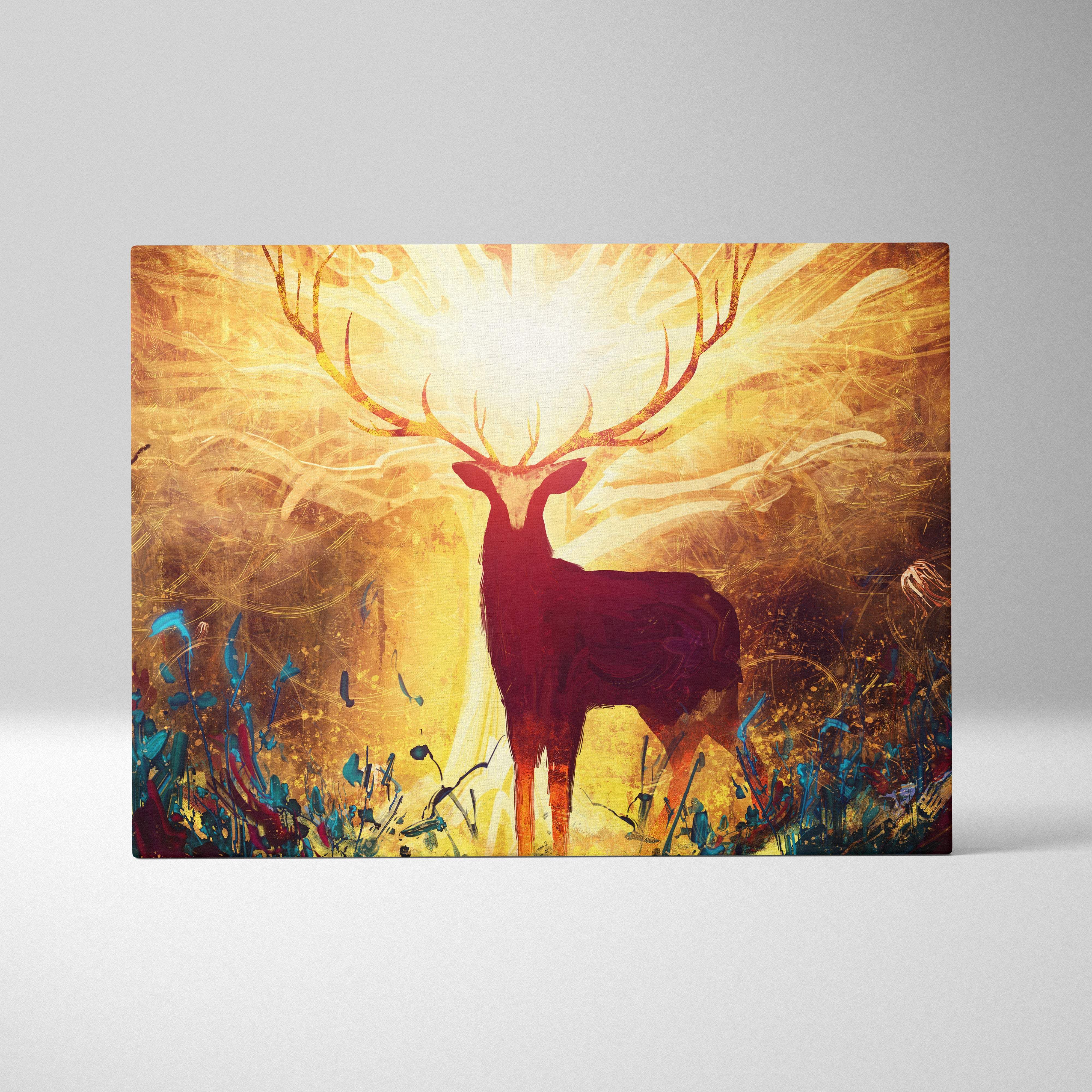 A vibrant canvas print of a majestic deer silhouette with glowing golden antlers and a radiant sunburst background