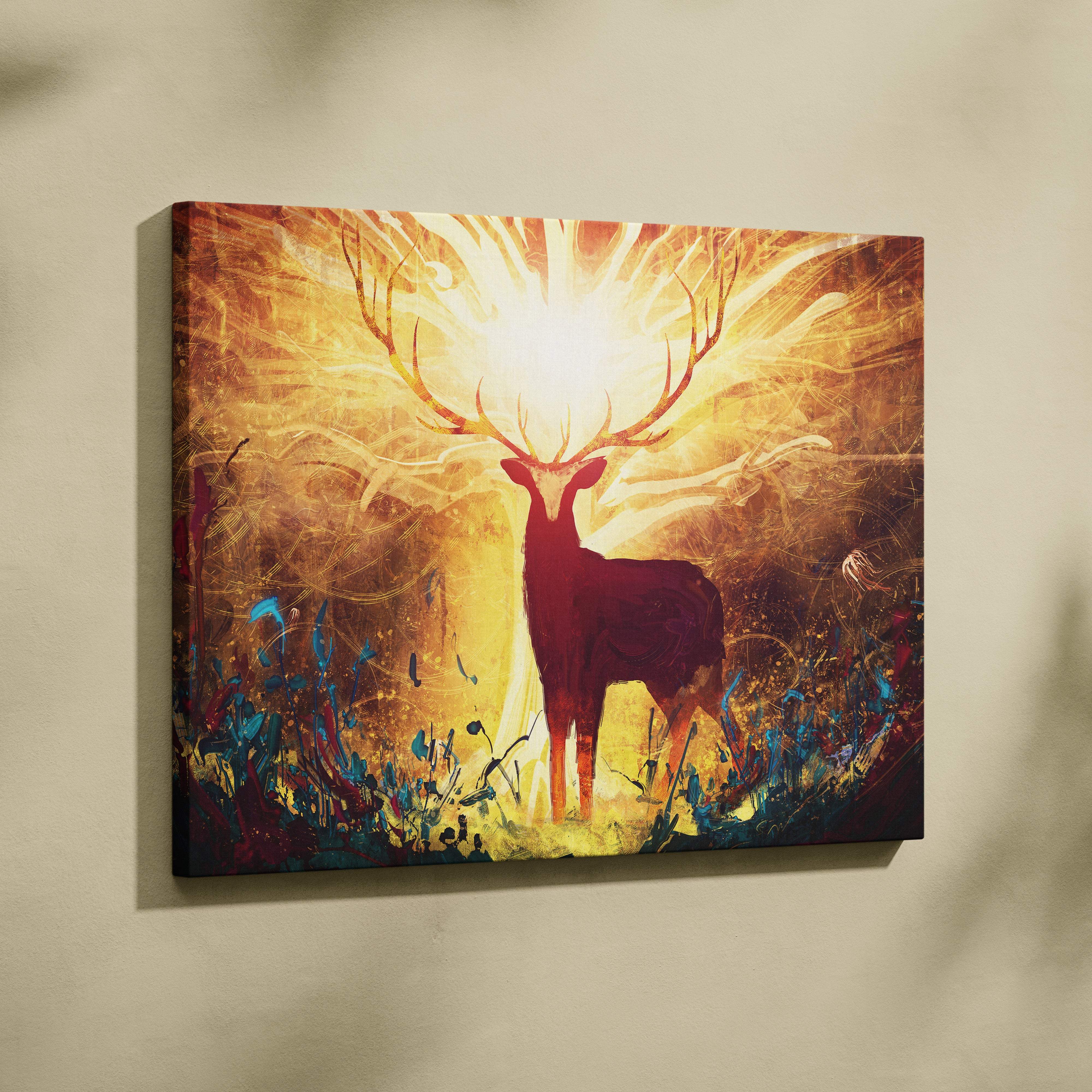A vibrant canvas print of a majestic deer with glowing antlers on a radiant golden background with abstract foliage