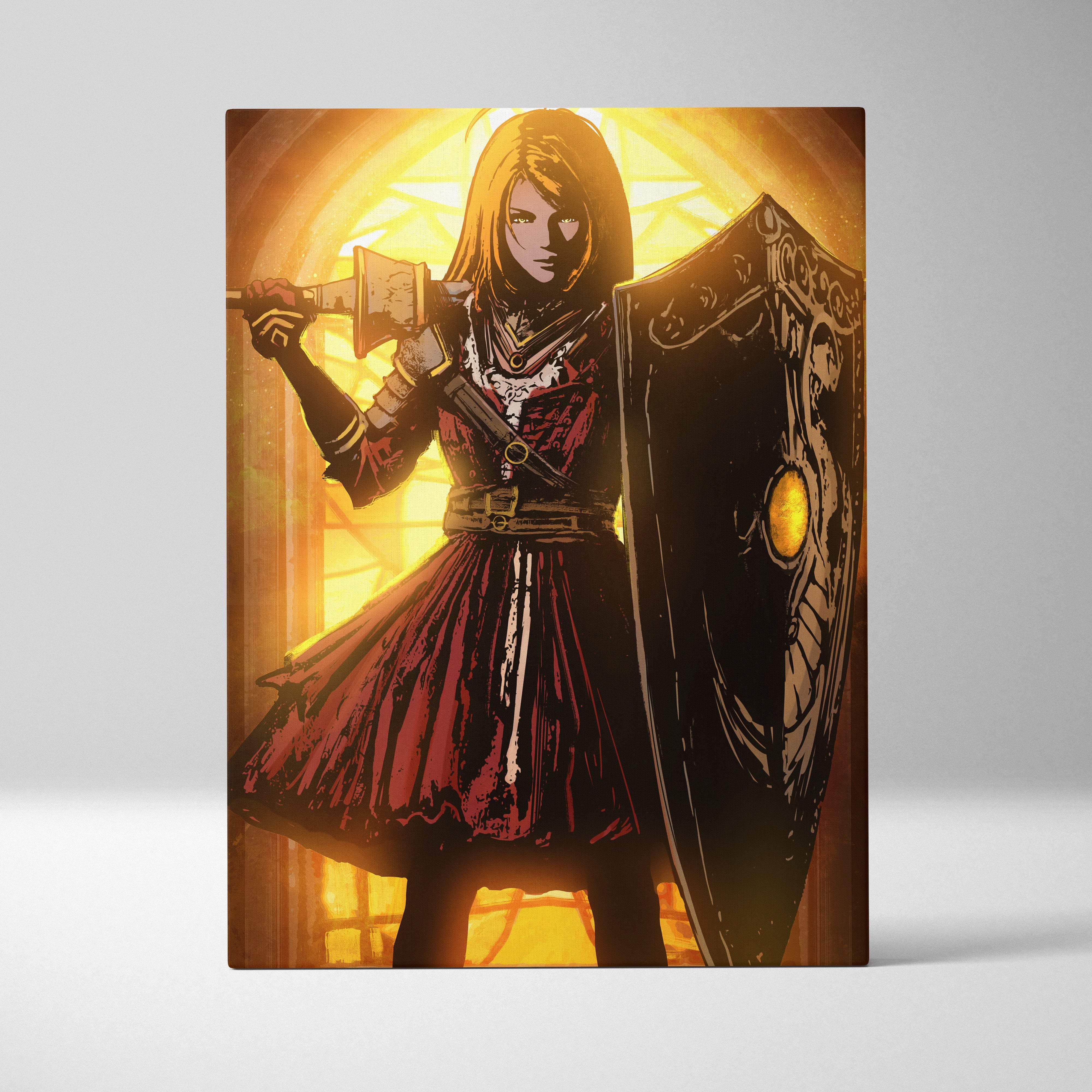 Medieval female knight canvas print with red and black armor holding an axe beside a gold detailed dark shield