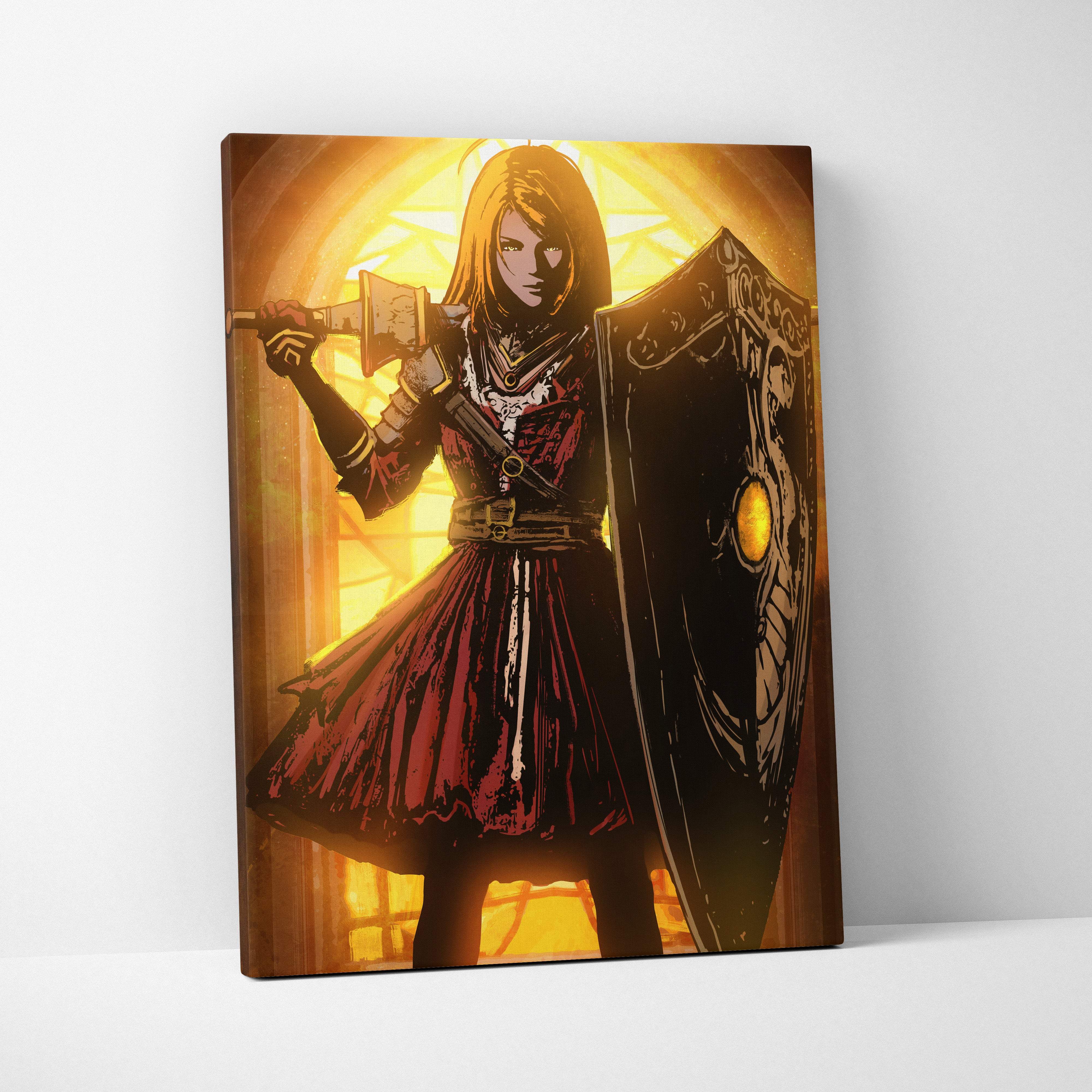 Medieval female knight canvas wall art featuring a vibrant fantasy warrior in red and gold armor with shield detailing