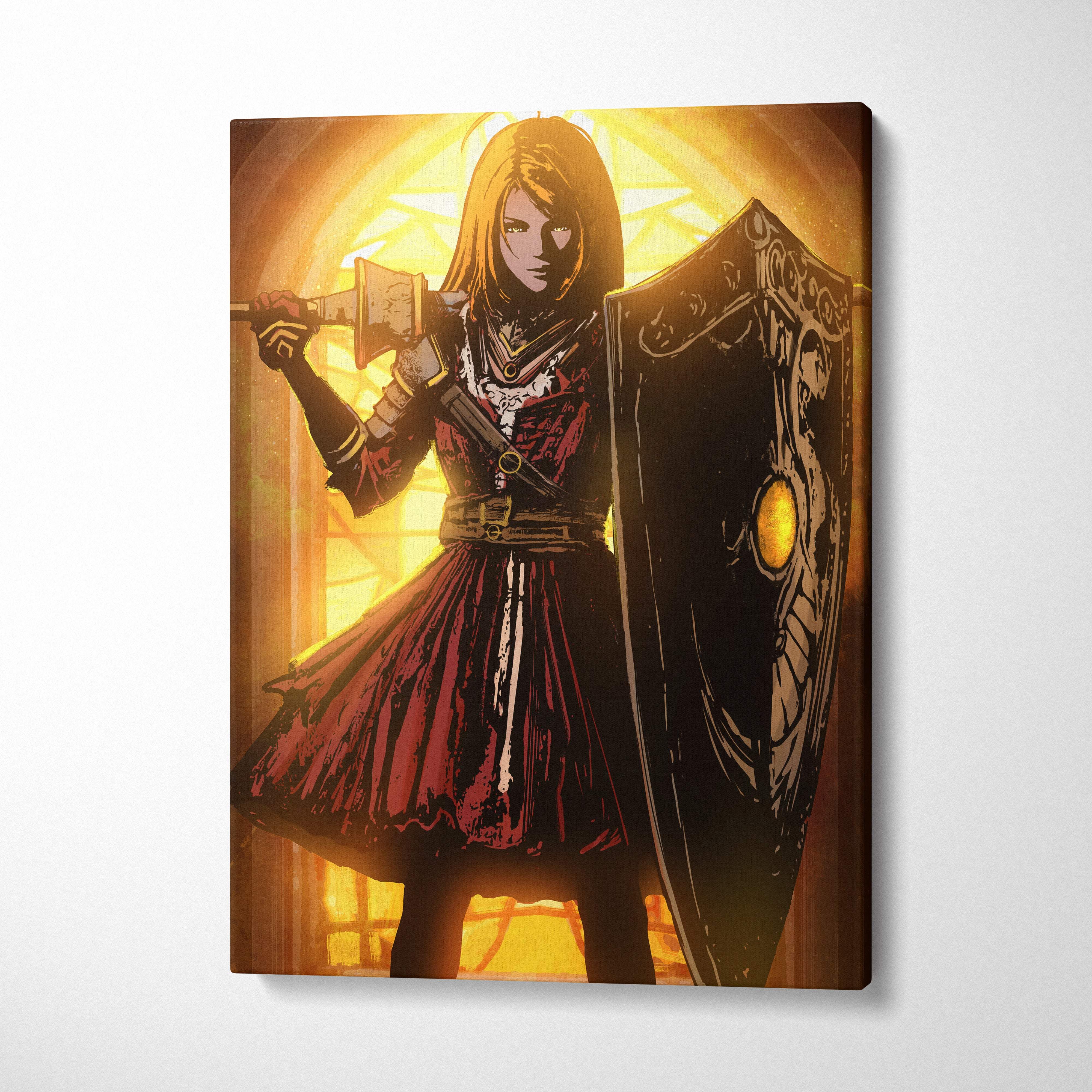 A framed canvas print of a female warrior in red armor with an axe and shield on a glowing golden background