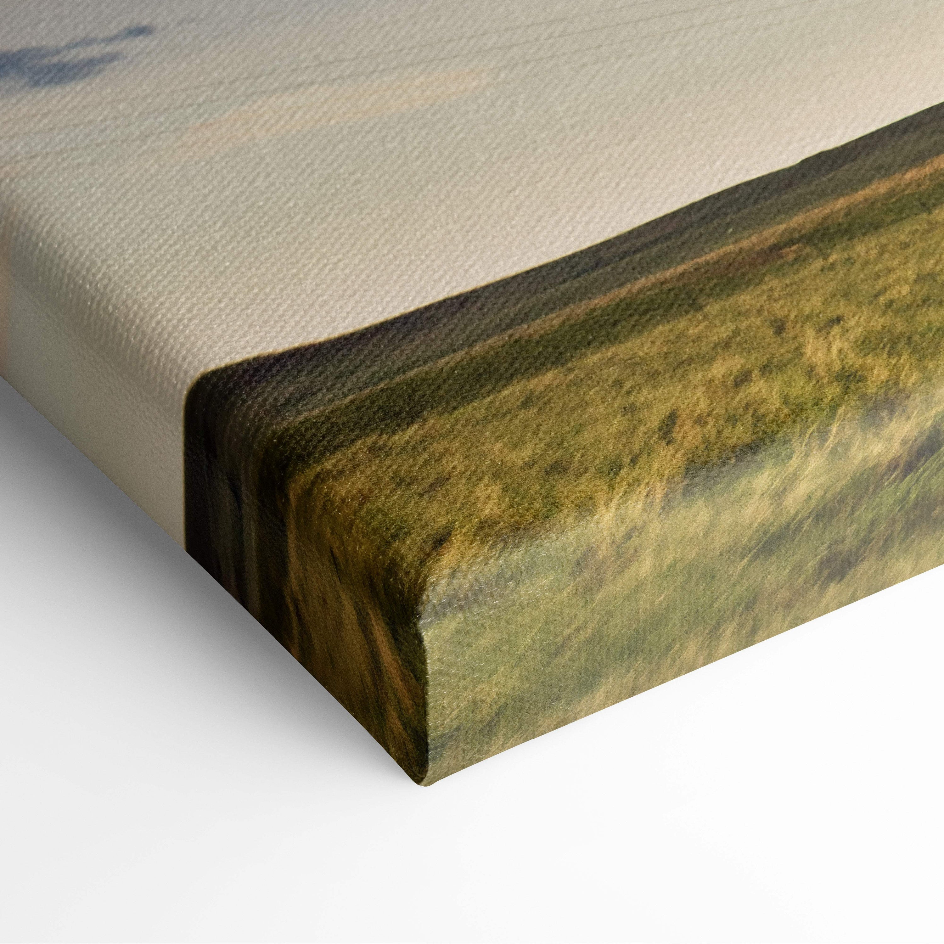Canvas print of a serene textured landscape in earthy greens and browns featuring dramatic supercell thunderstorm clouds