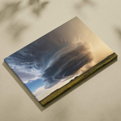 Rectangular canvas art featuring dramatic swirling dark storm clouds over a green field under bright sky wall decor