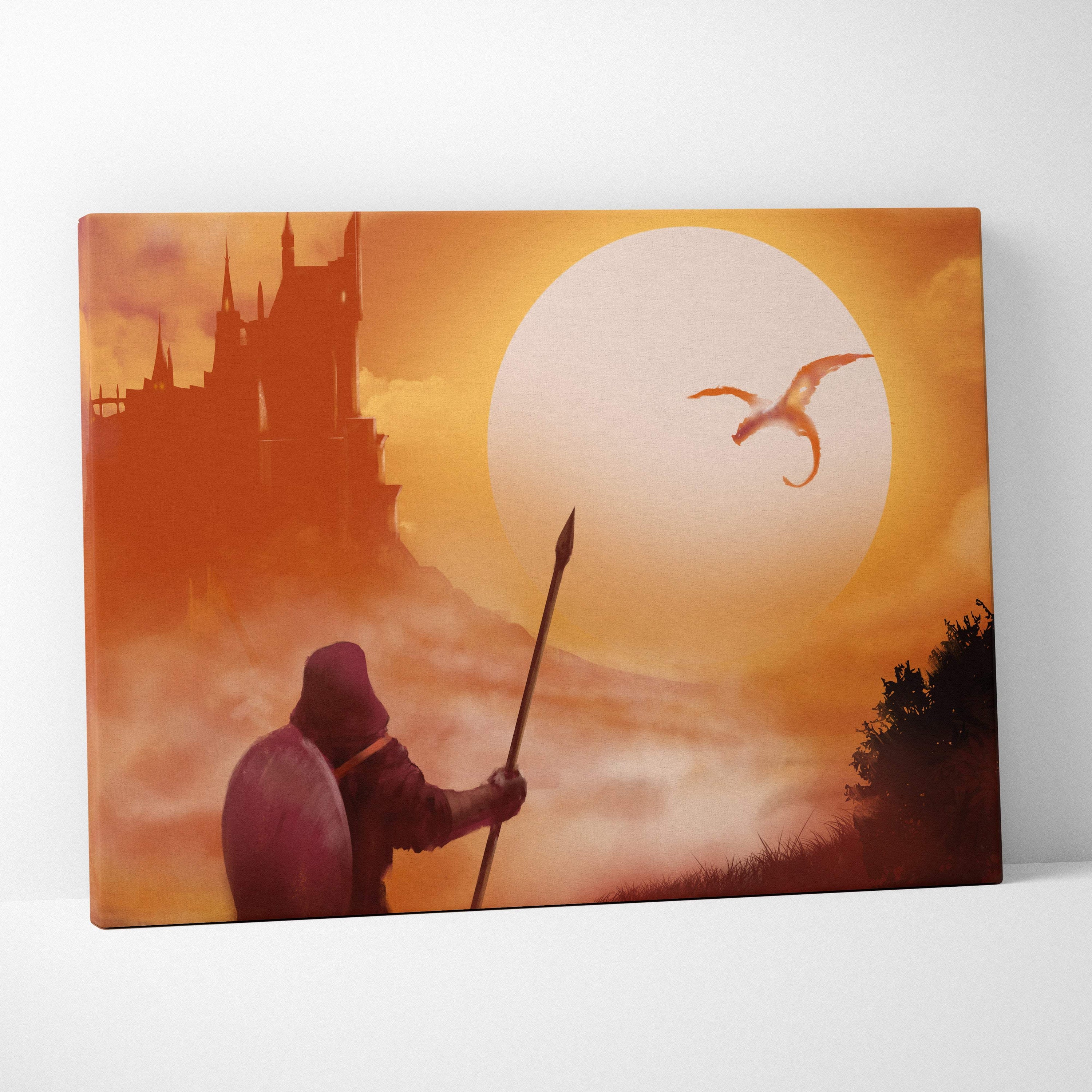 Orange-toned fantasy dragon castle canvas print featuring a knight with spear and shield facing a dragon under a large sun