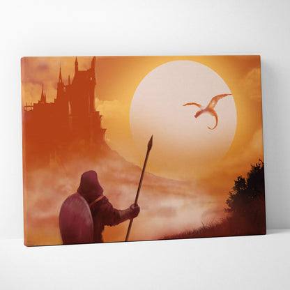 Orange-toned fantasy dragon castle canvas print featuring a knight with spear and shield facing a dragon under a large sun