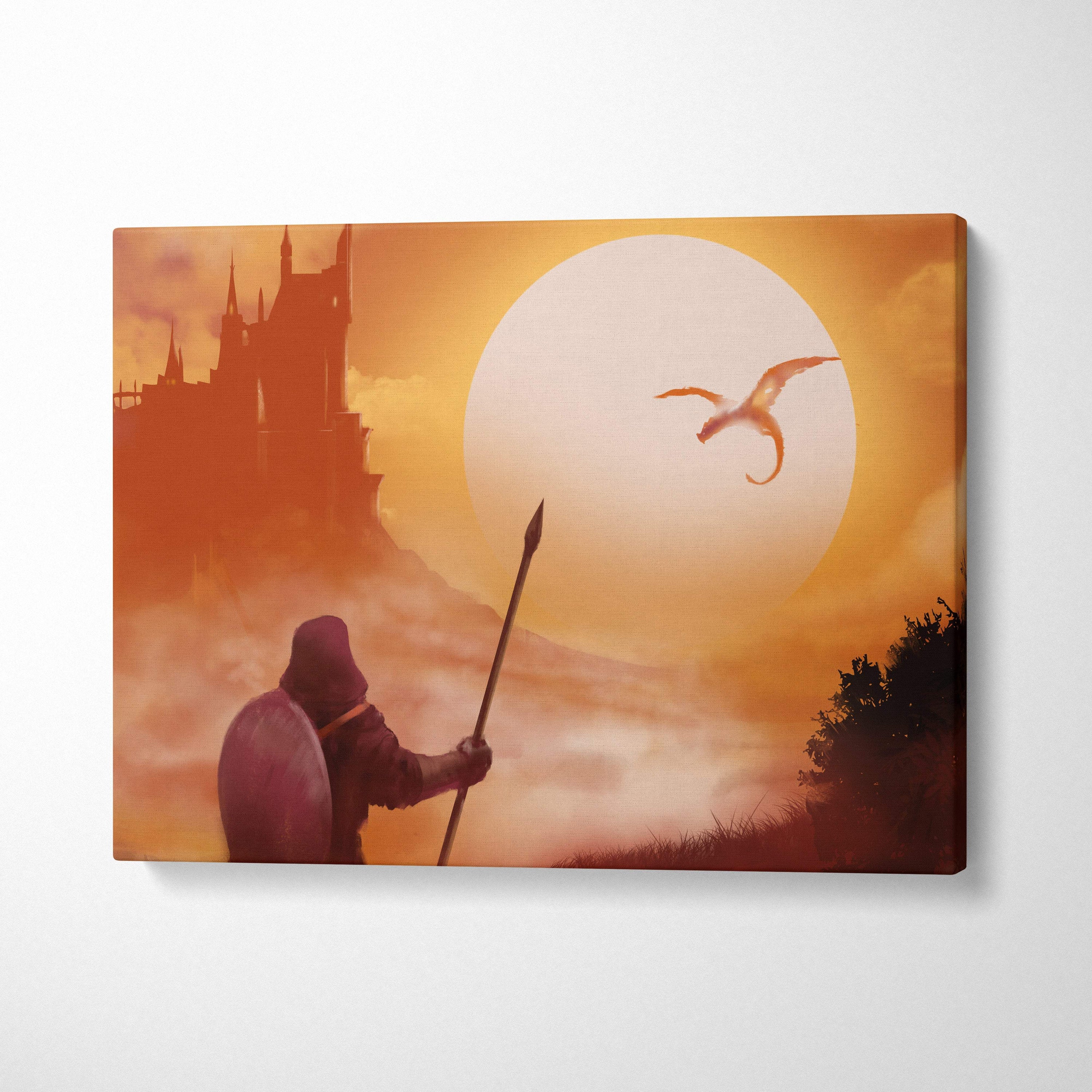 Orange-toned fantasy dragon castle canvas print featuring a knight with shield and spear against a sunset castle silhouette