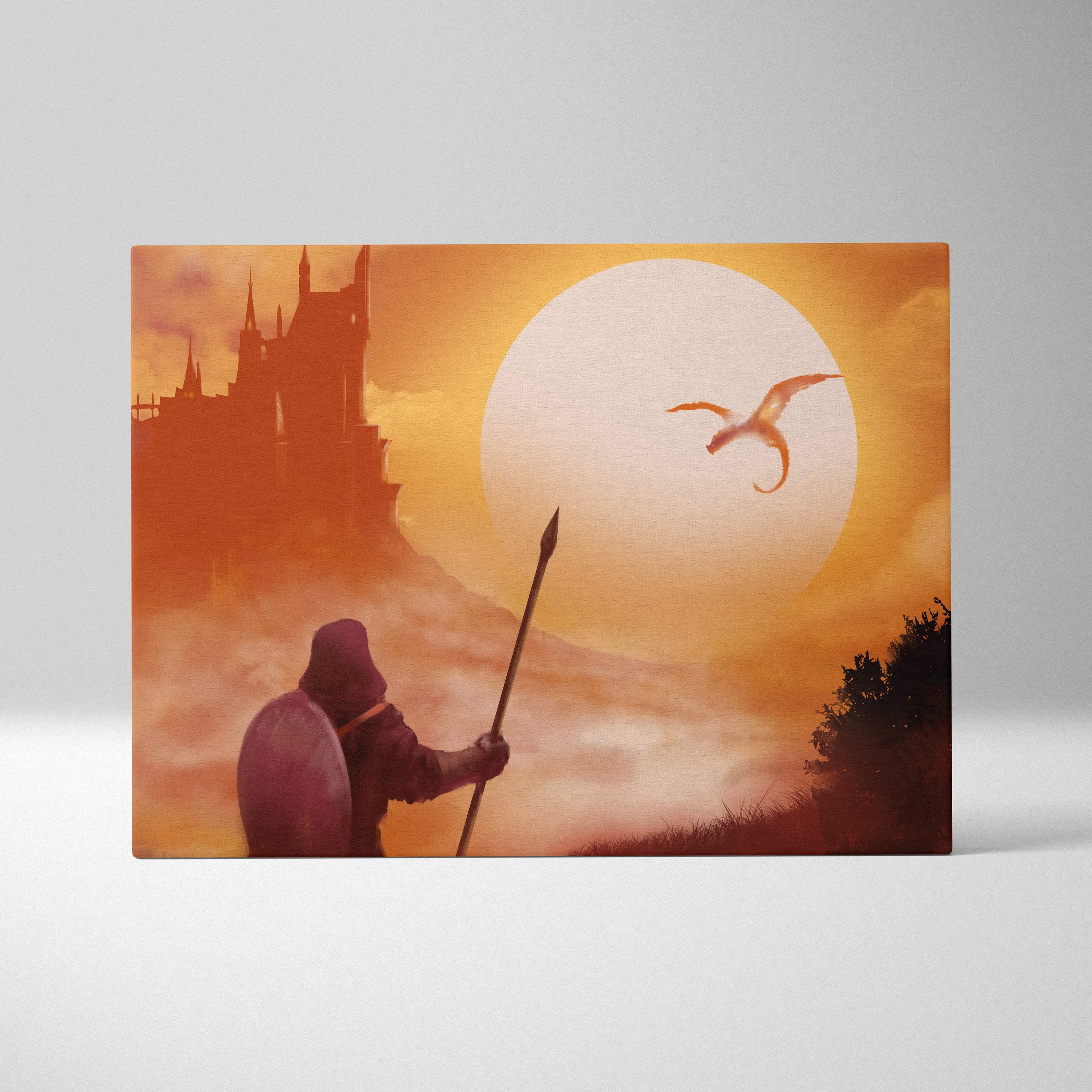 Orange-hued fantasy dragon castle canvas print featuring a knight with shield and spear facing a dragon at sunset