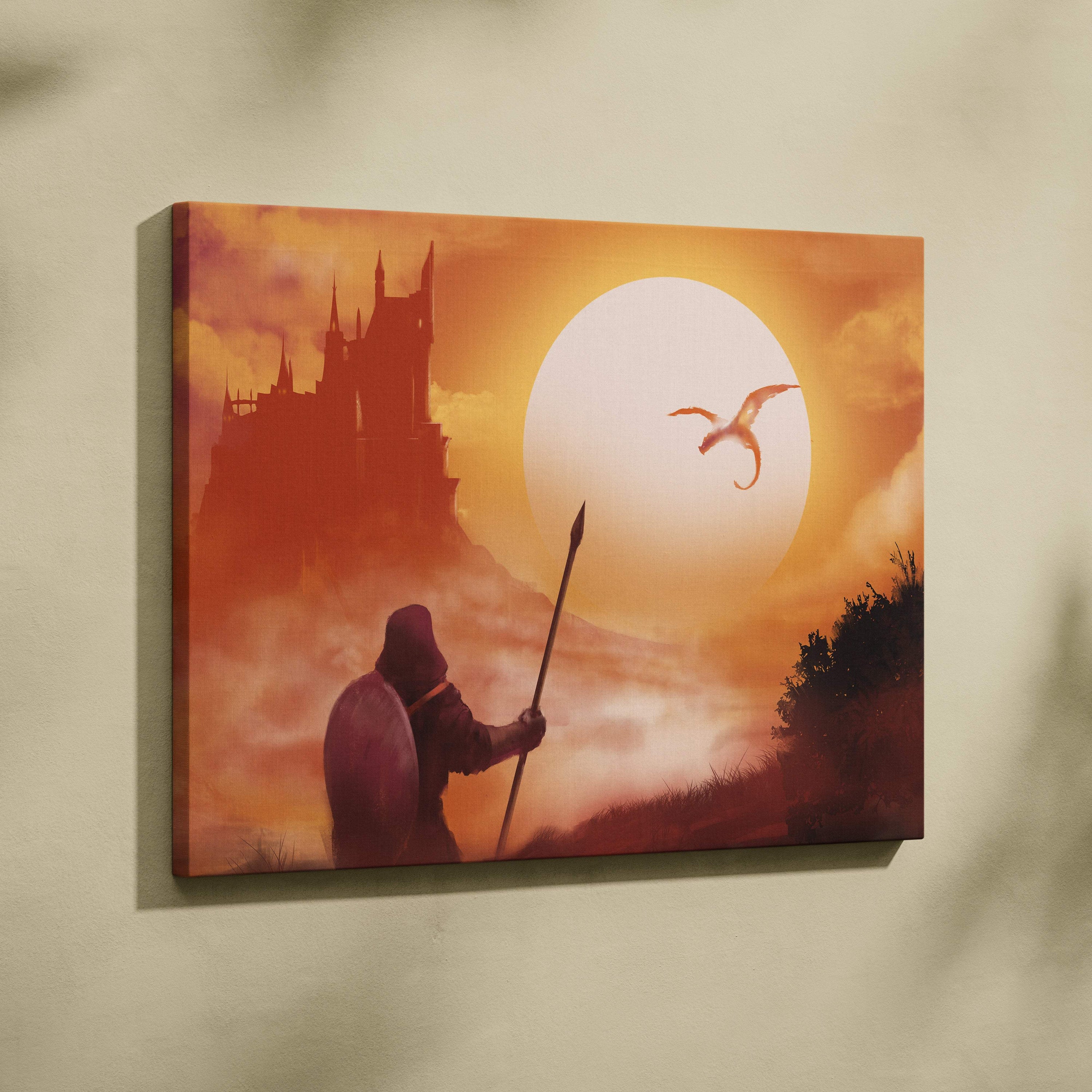 Orange and red fantasy canvas print of a knight with shield and spear before a castle silhouette and dragon at sunset