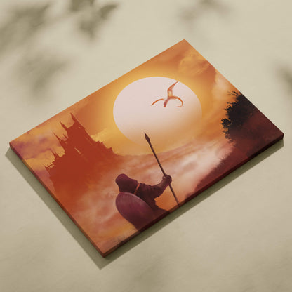 A rectangular canvas print of a knight with spear and dragon at orange sunset castle fantasy dragon castle wall art