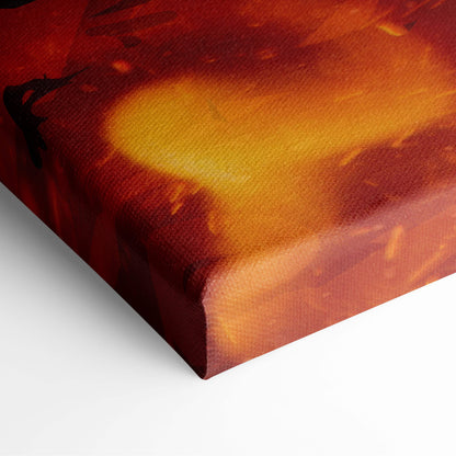 Inferno Warhammer Warlord canvas art featuring fiery armored titan with glowing eyes in vibrant orange and red abstract design