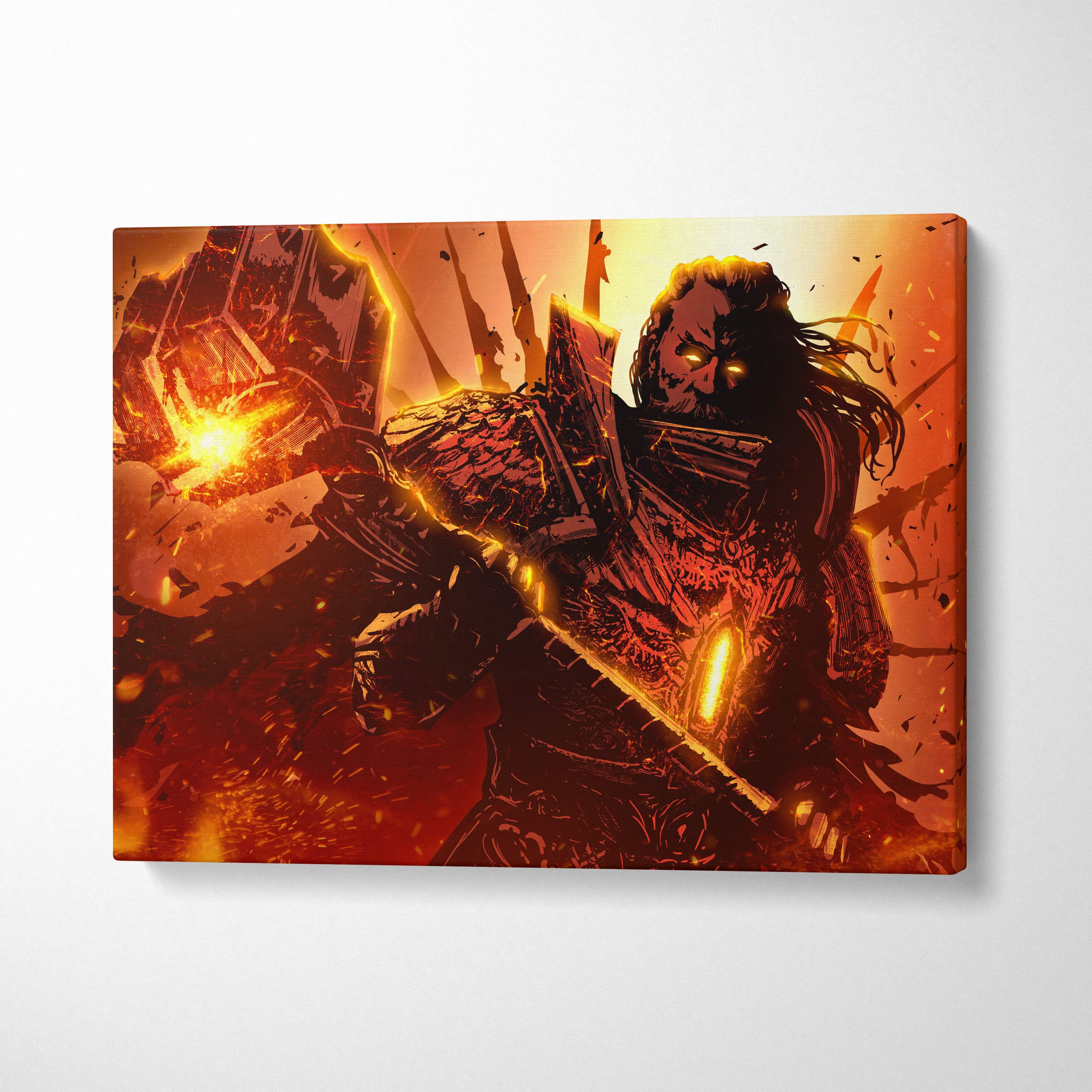 Vibrant orange and red canvas print of inferno warhammer warlord with fiery armor and glowing eyes in epic fantasy battle scene