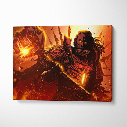 Vibrant orange and red canvas print of inferno warhammer warlord with fiery armor and glowing eyes in epic fantasy battle scene