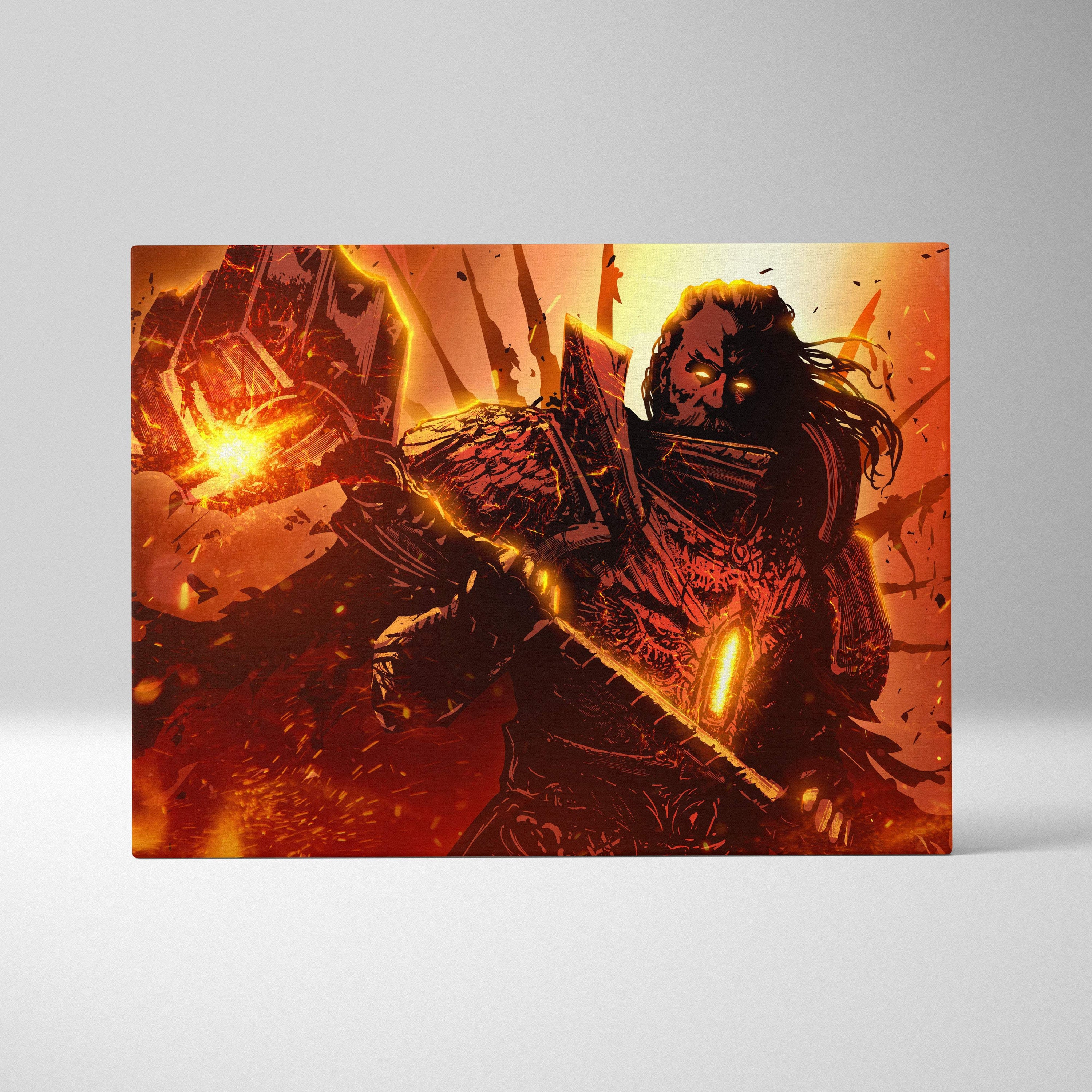 A rectangular canvas print of a fiery armored titan with glowing eyes in an epic fantasy battle scene backdrop
