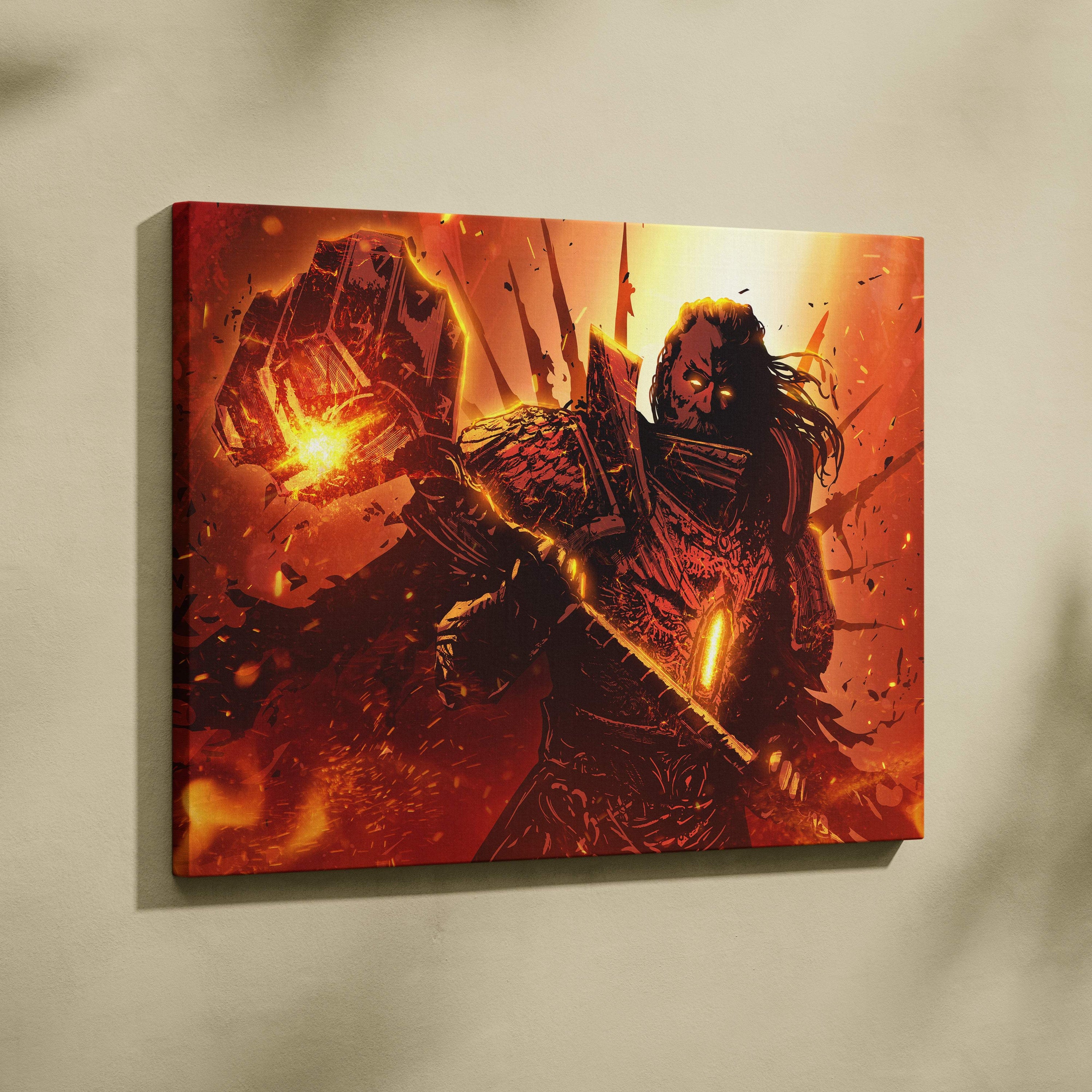 Vibrant red and orange canvas print of a fiery armored titan warrior with glowing eyes in an epic fantasy battle scene