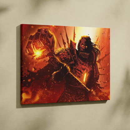 Vibrant red and orange canvas print of a fiery armored titan warrior with glowing eyes in an epic fantasy battle scene
