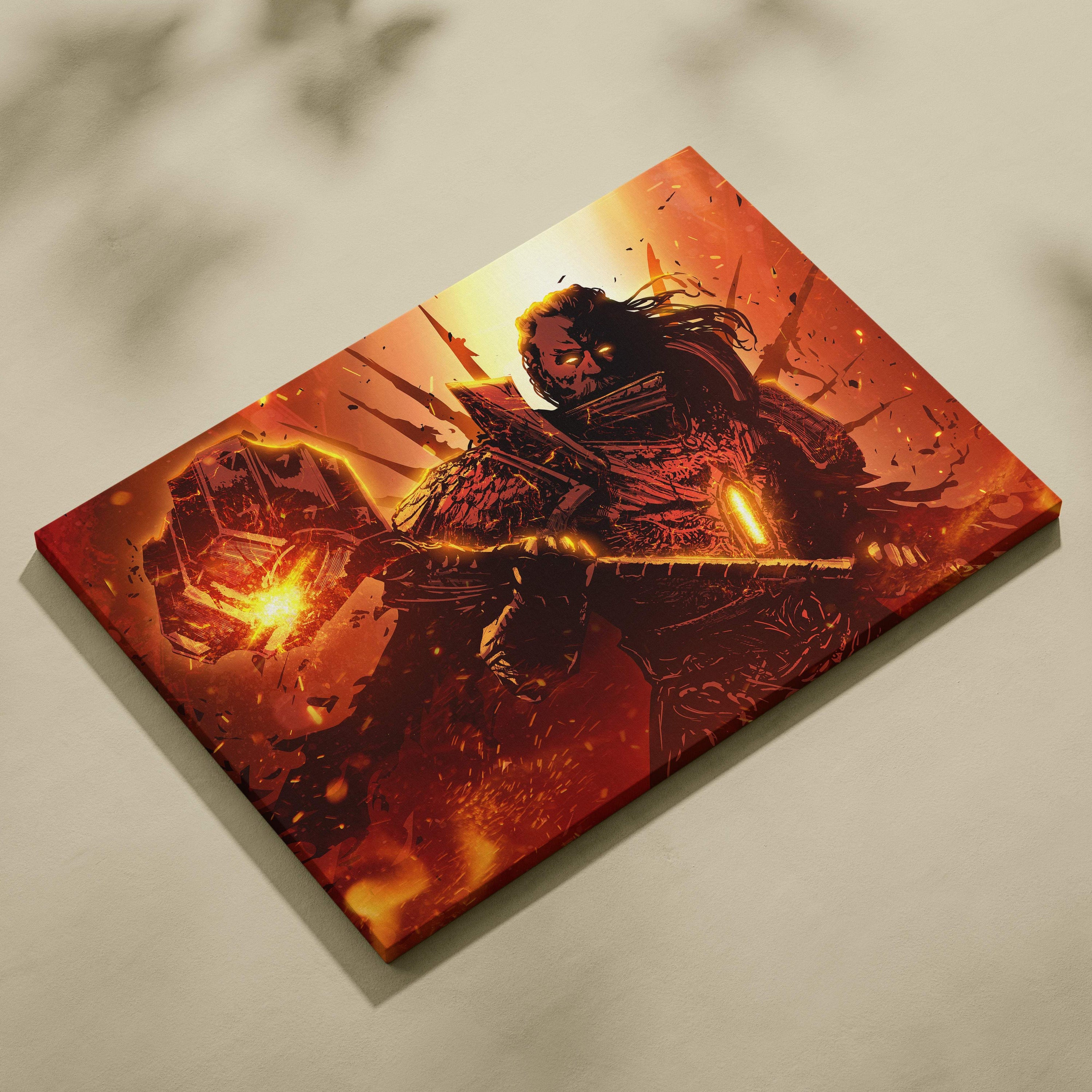 A vibrant orange and red canvas print of inferno warhammer warlord with glowing eyes and fiery armored titan design