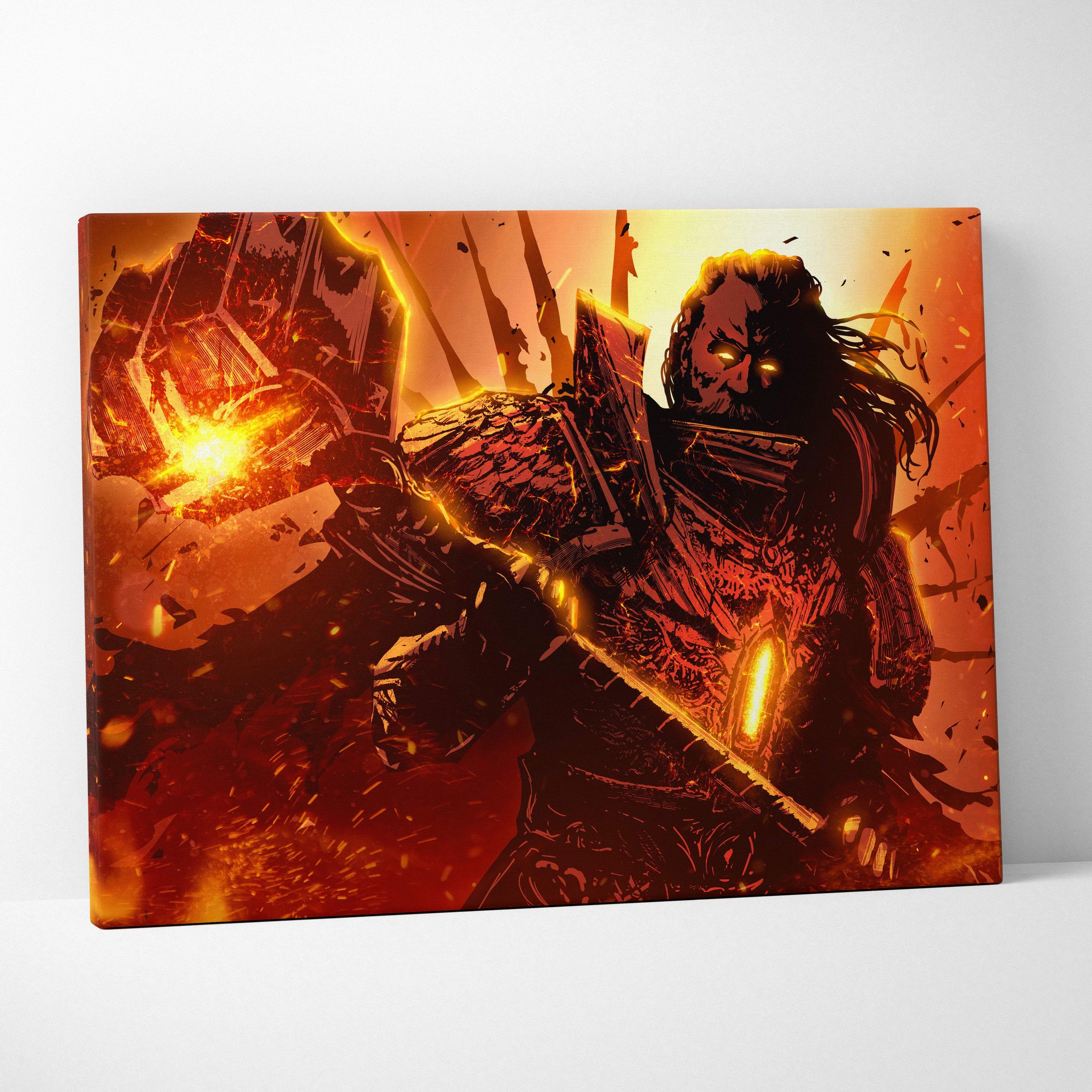 Vibrant orange and red canvas print of a fiery armored titan with glowing eyes wielding glowing weapons for wall decor