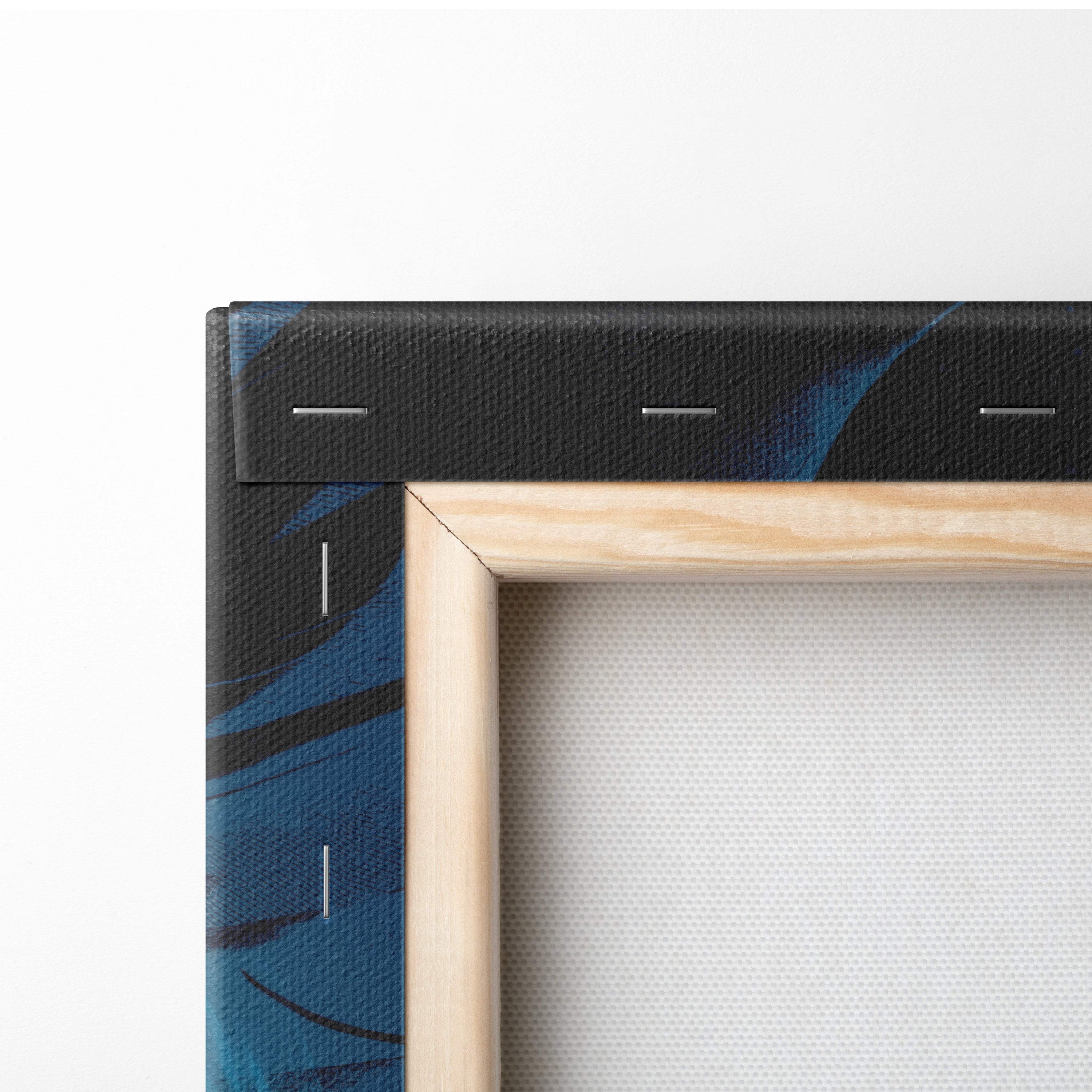 Light wood frame canvas art with black border featuring blue abstract swirls from fallen angel of judgment series