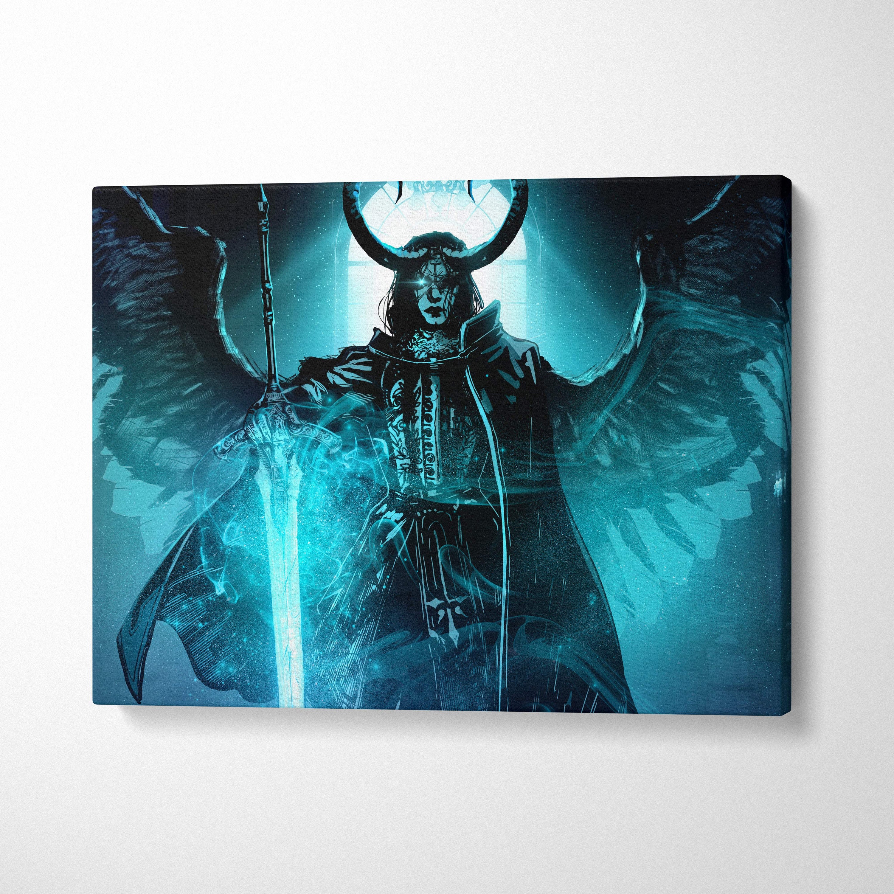 Teal and black canvas art of a horned dark seraph with wings holding a glowing sword in gothic cathedral style