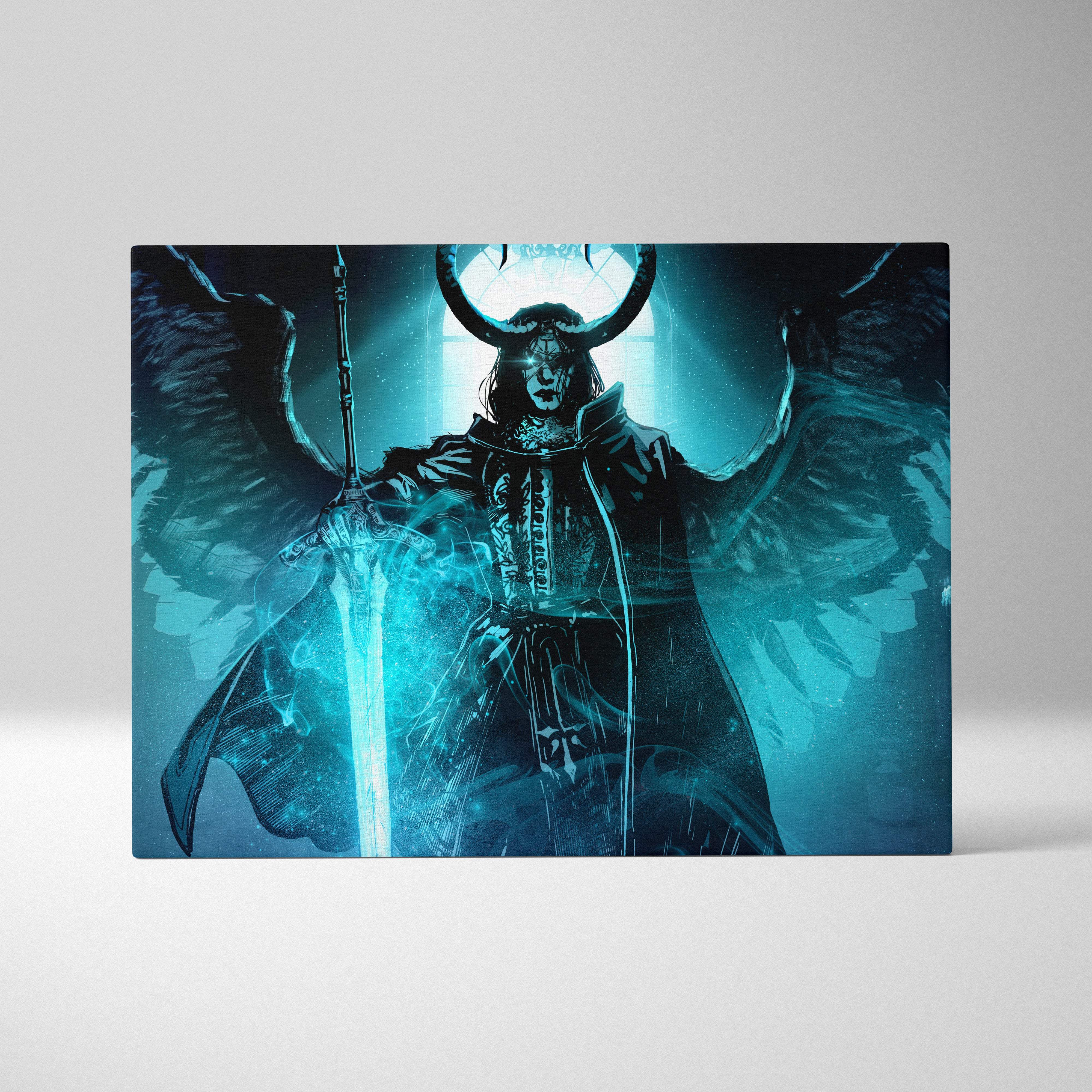 Fallen angel of judgment canvas art featuring a horned dark seraph in teal and black armor with glowing sword wall decor