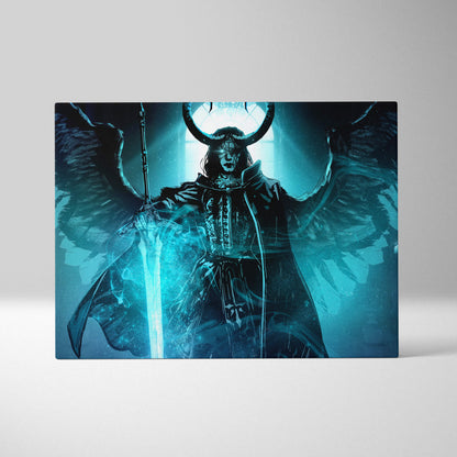 Fallen angel of judgment canvas art featuring a horned dark seraph in teal and black armor with glowing sword wall decor
