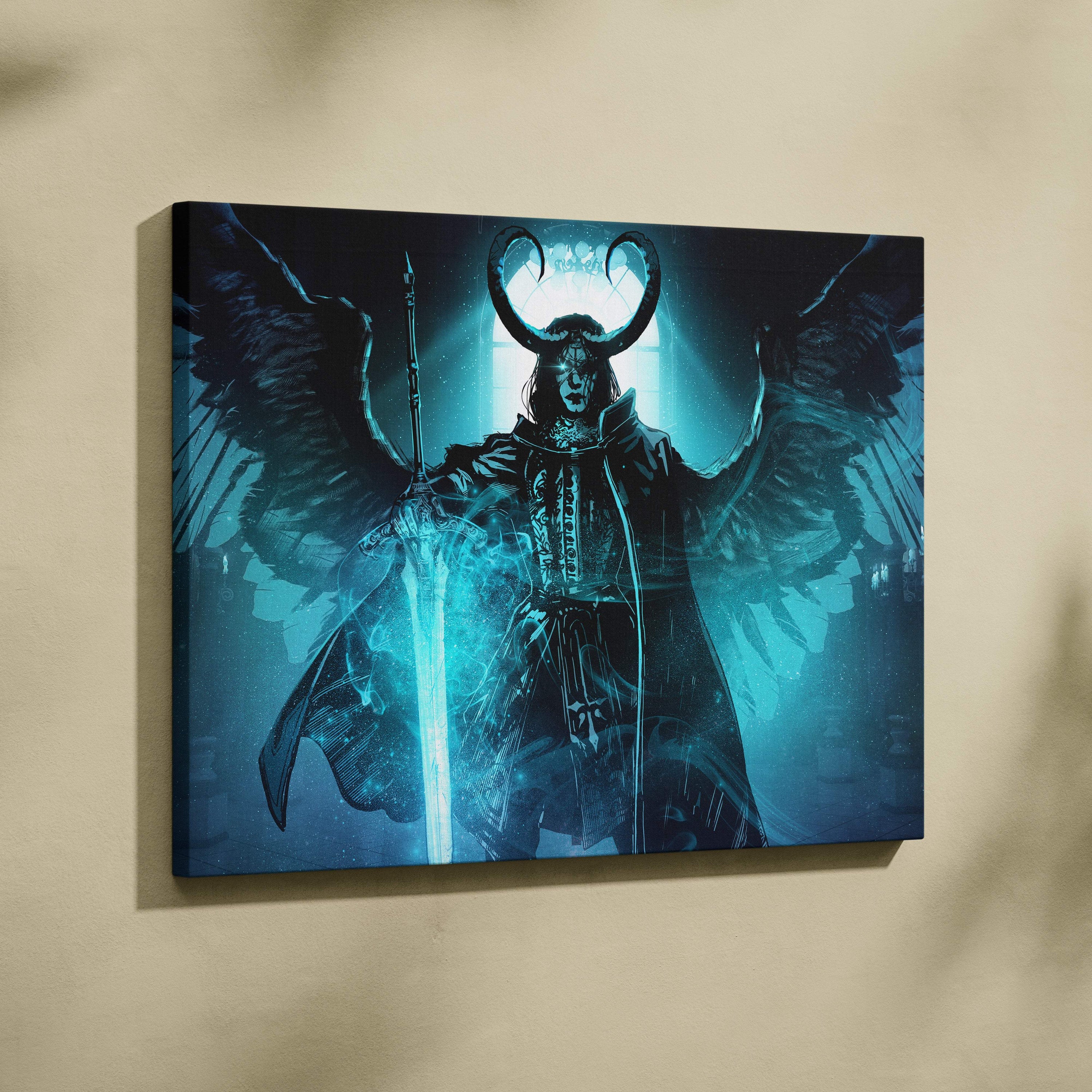 Fallen angel of judgment canvas art featuring a dark winged figure with glowing blue armor and radiant sword