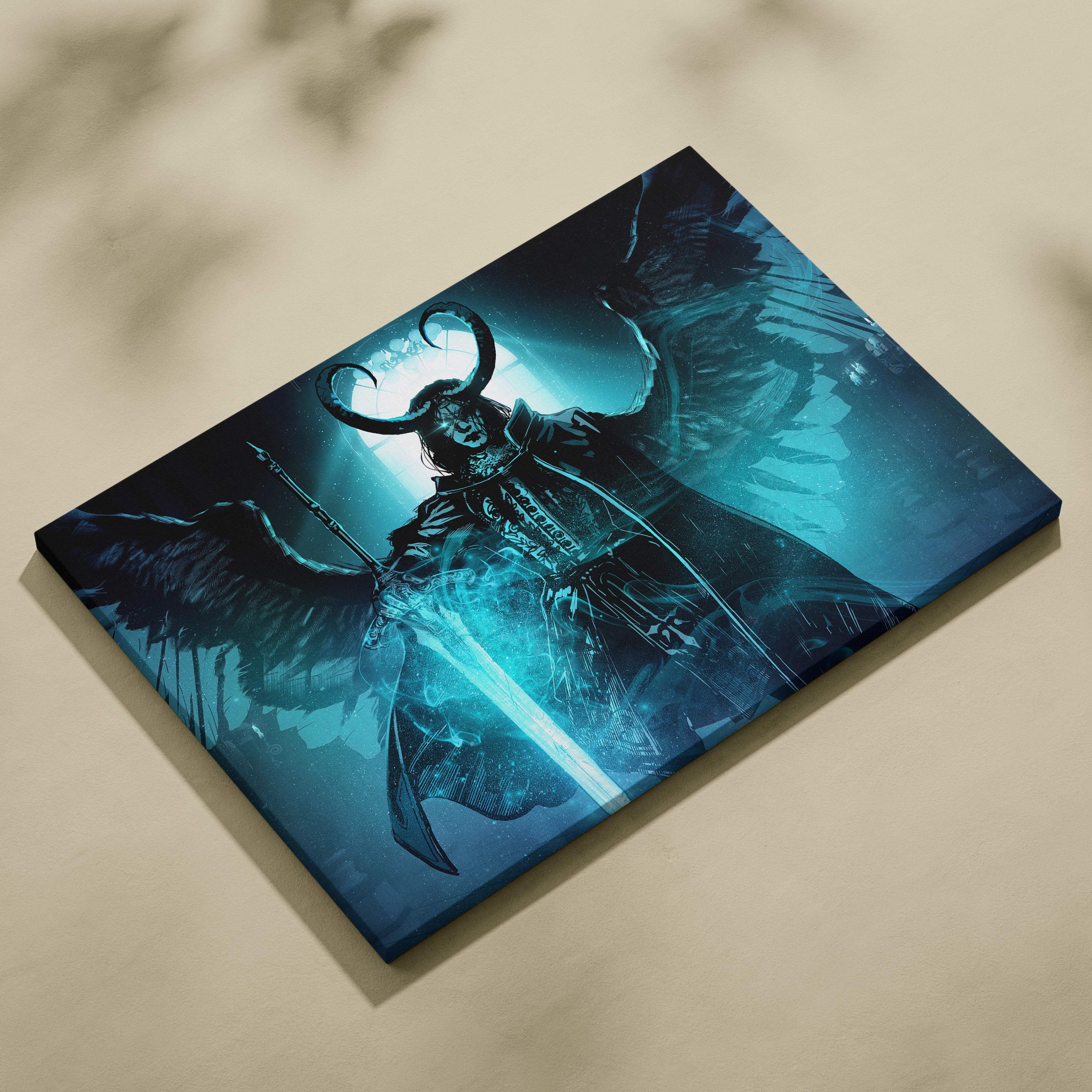 Rectangular canvas print of a horned dark seraph with glowing blue sword against teal gothic cathedral background