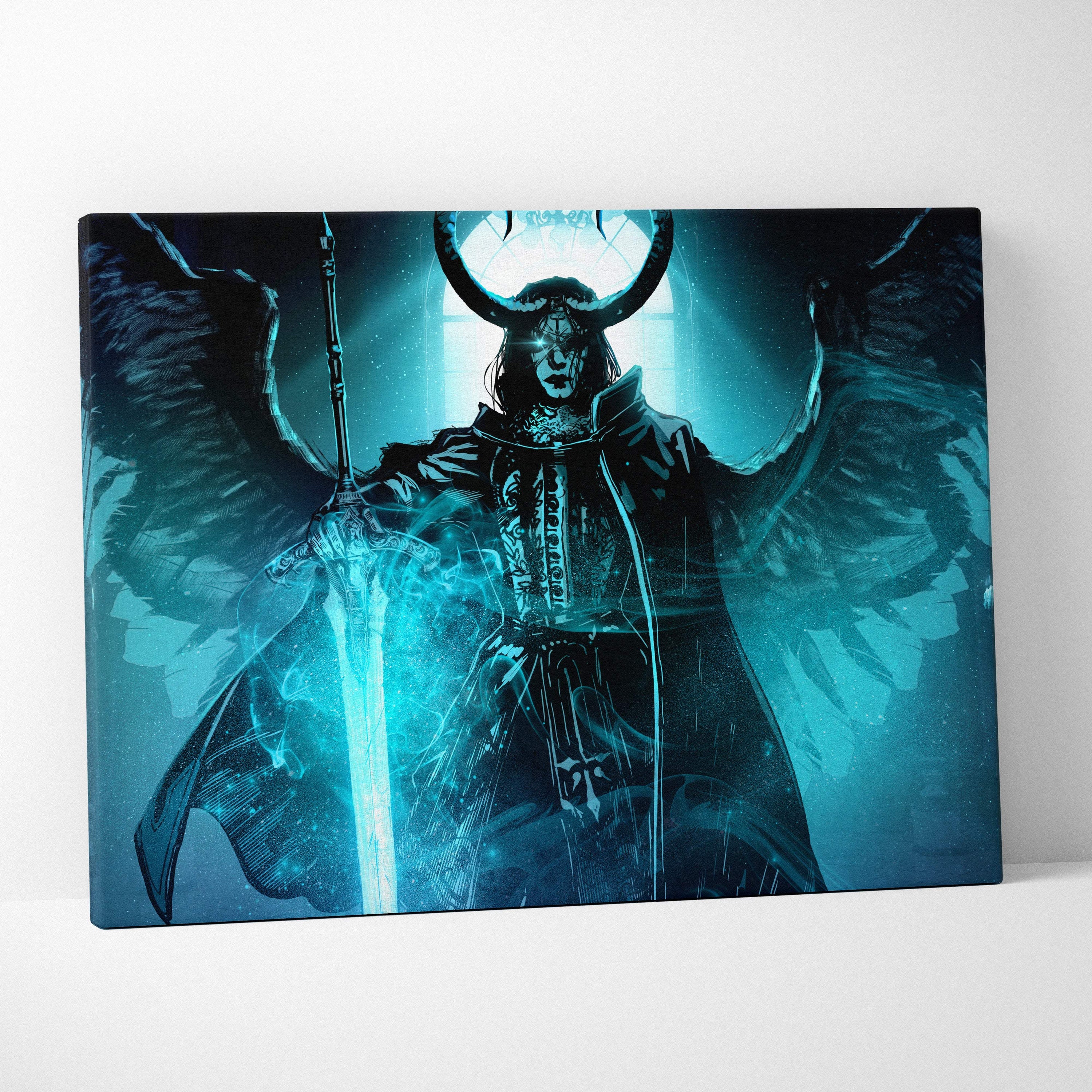 Fallen angel of judgment canvas art featuring a teal and black horned dark seraph with glowing sword