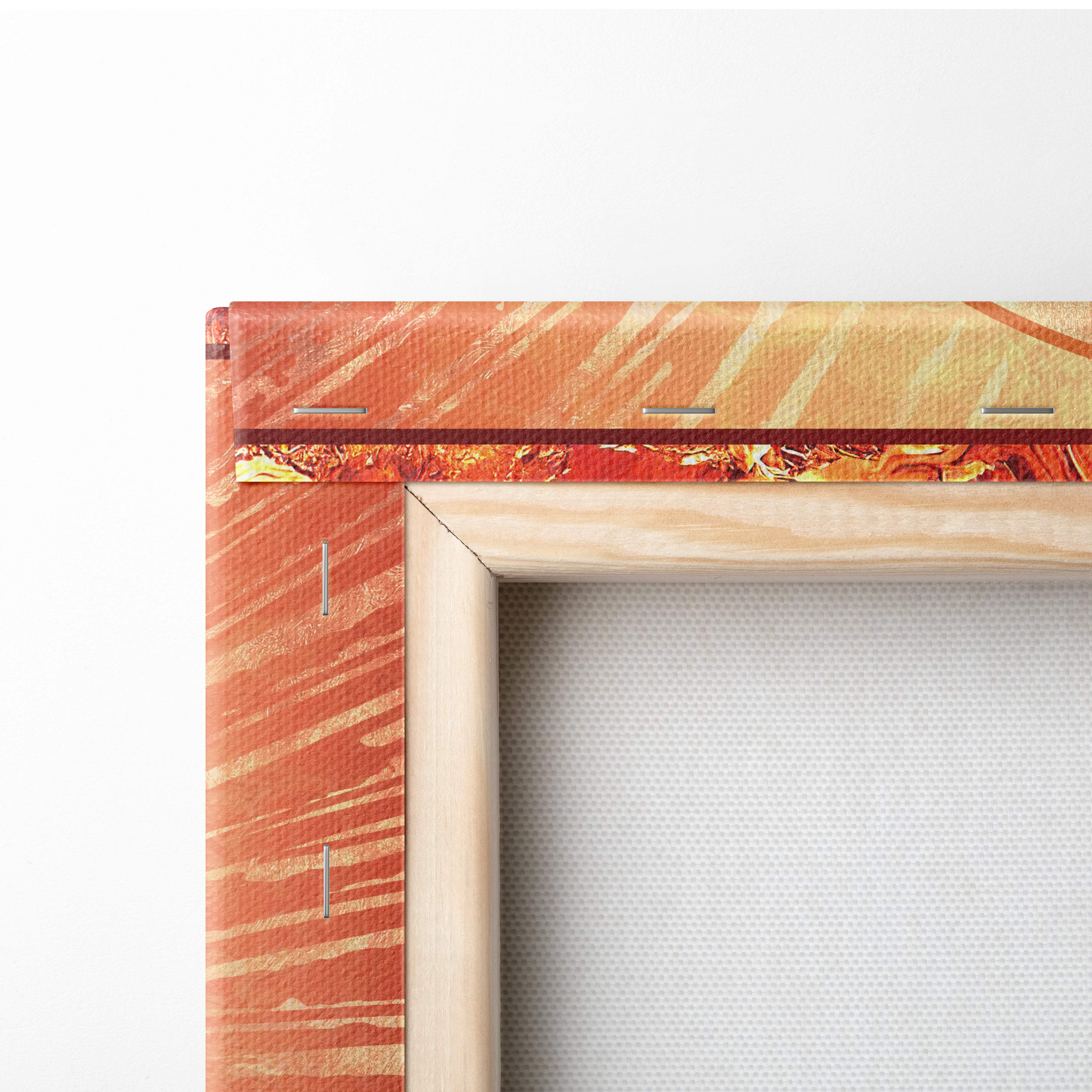 A wooden canvas frame featuring vibrant orange and gold abstract edges with stitching and metal fasteners