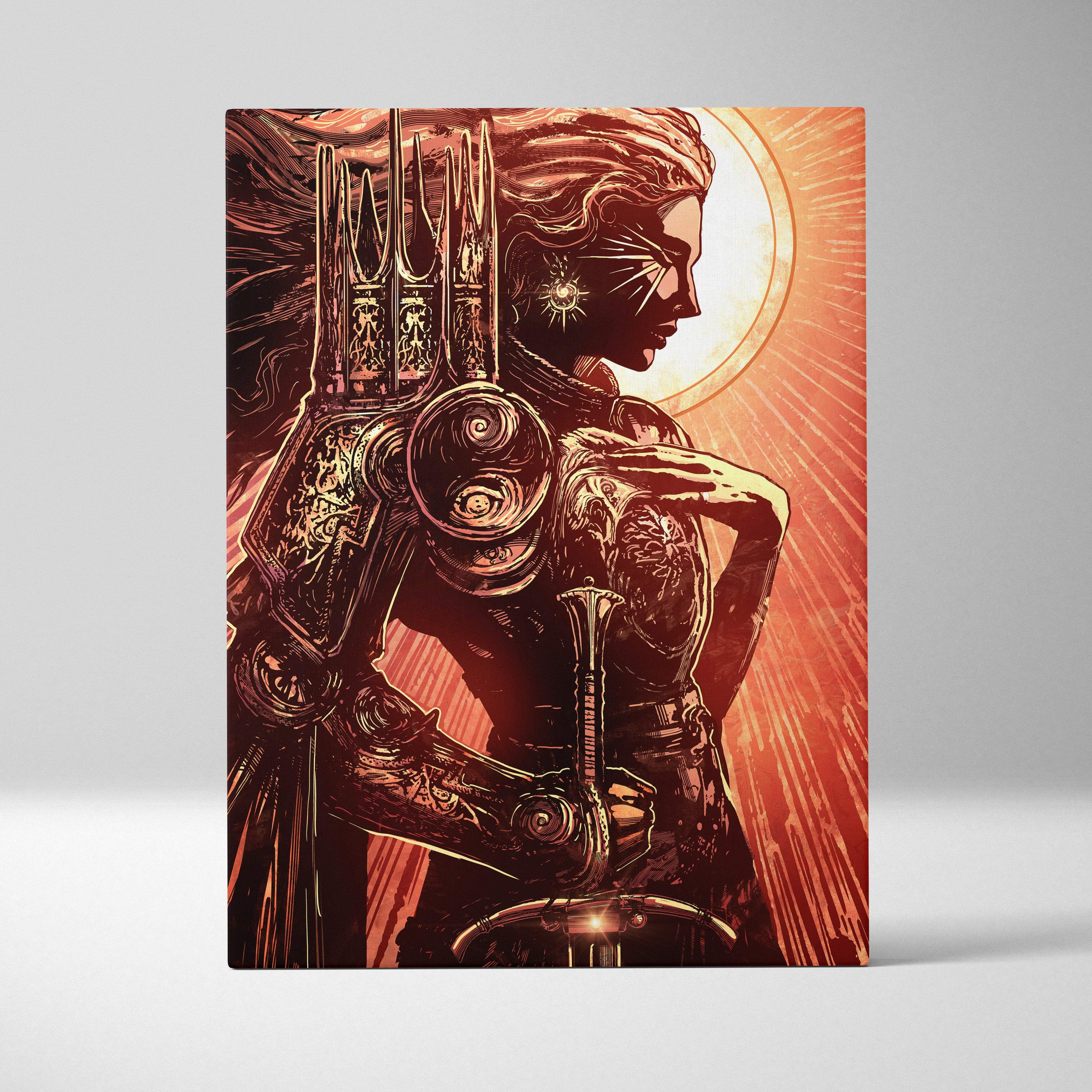 Retro futuristic warrior queen canvas wall art featuring red and gold mechanical armor with sun halo background