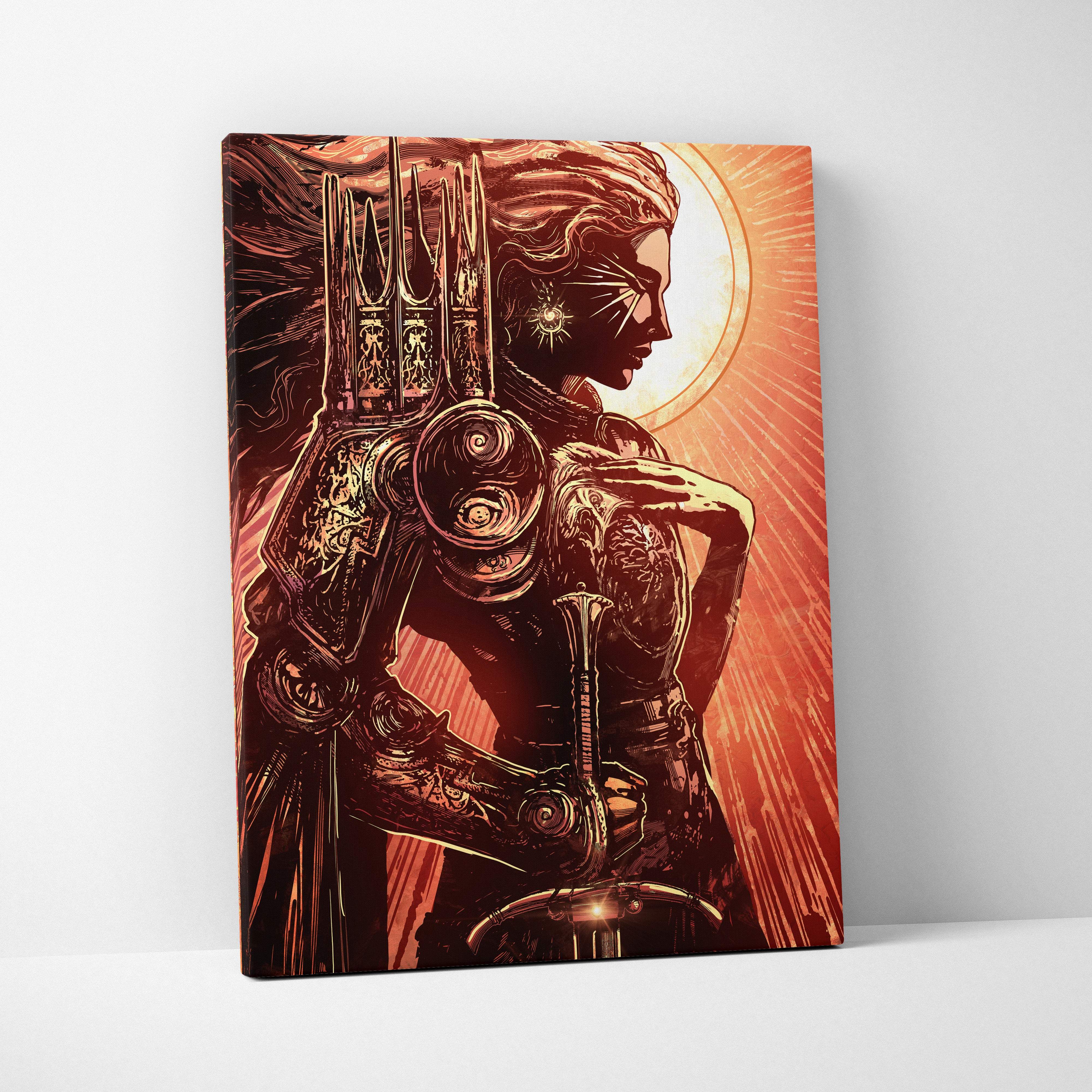 Retro futuristic warrior queen canvas wall art featuring a stylized female warrior in gold armor on red orange background