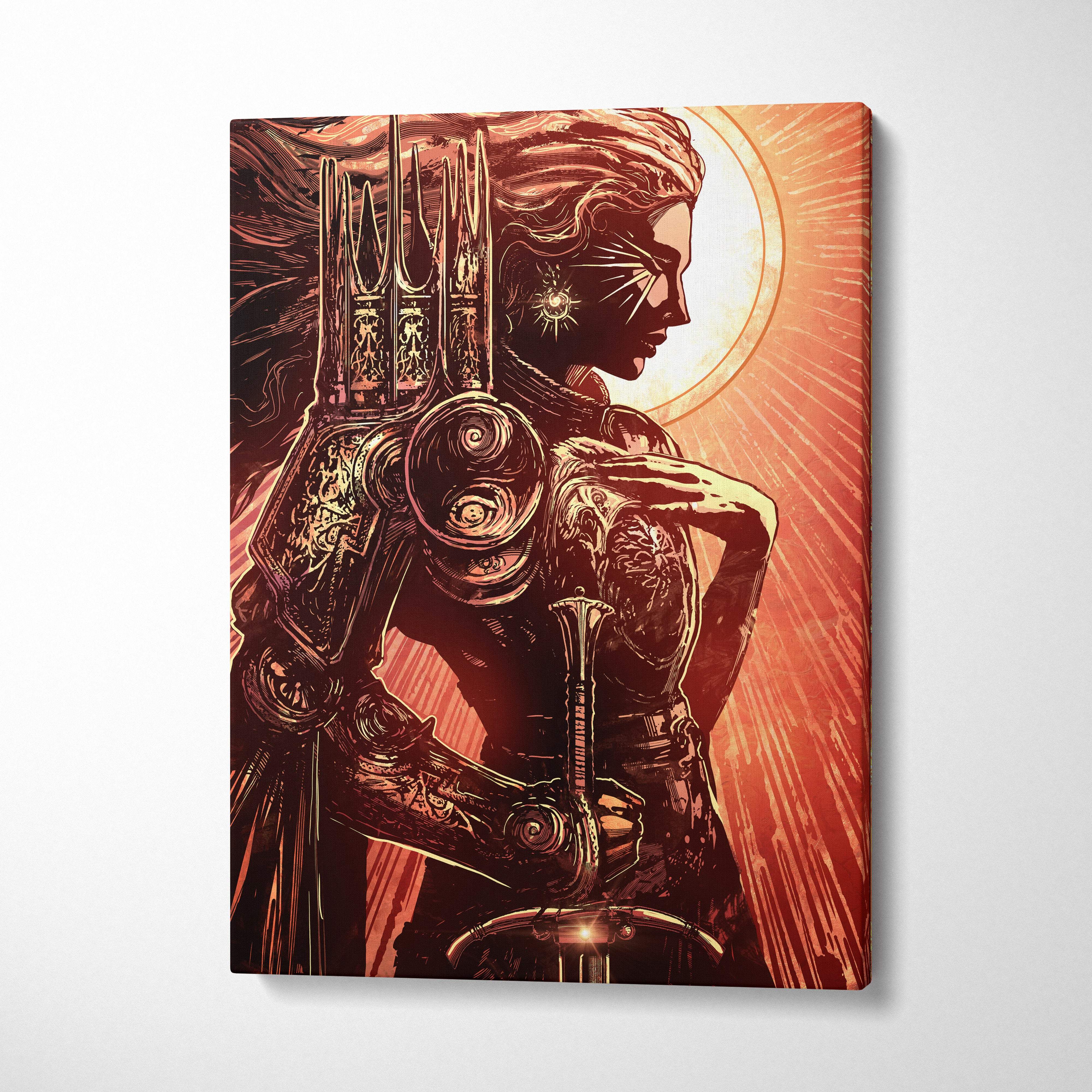 Retro futuristic warrior queen canvas wall art featuring a stylized female warrior in dark metallic armor with gold accents