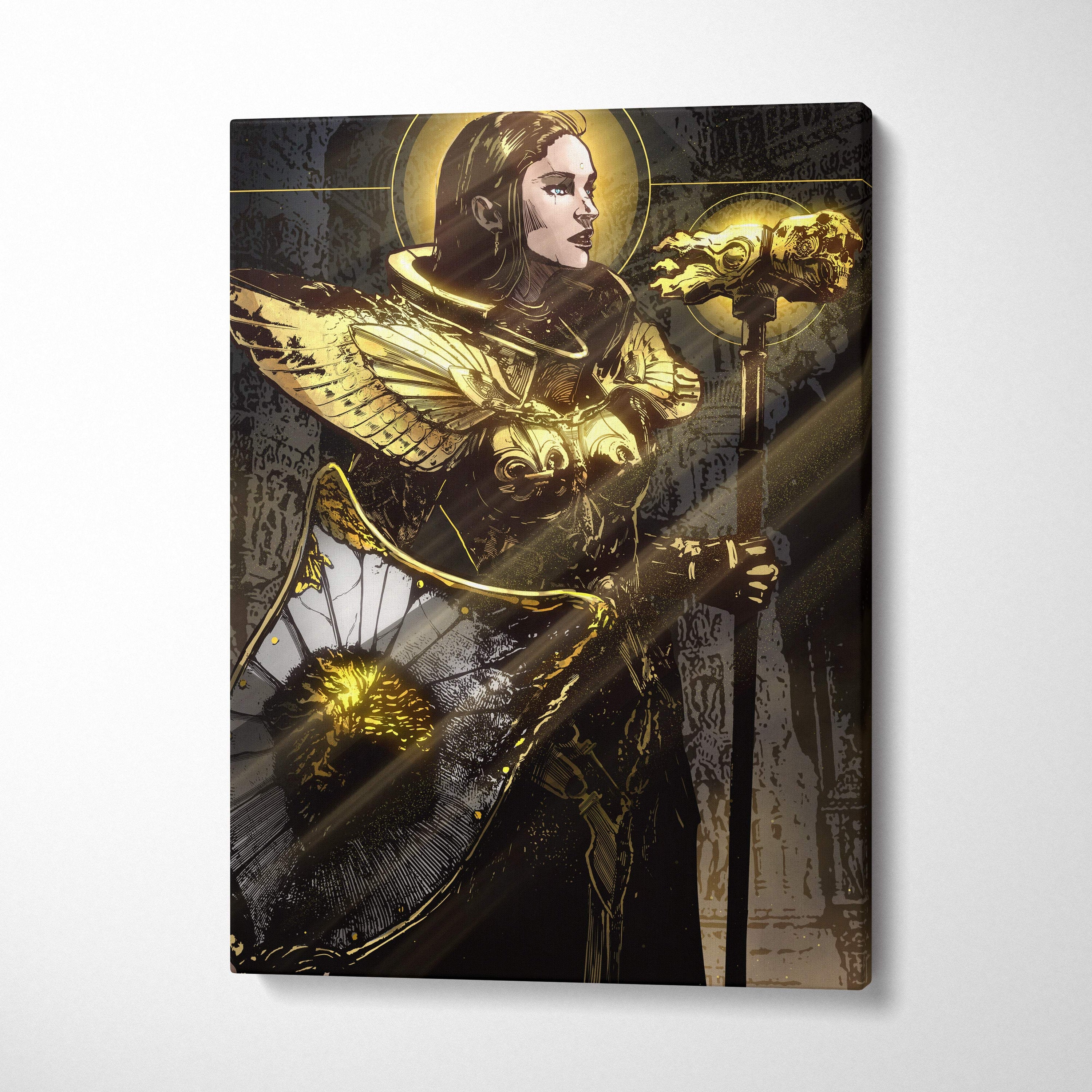 Golden valkyrie warrior canvas wall art featuring black and gold winged armor with halo and skull staff illustration