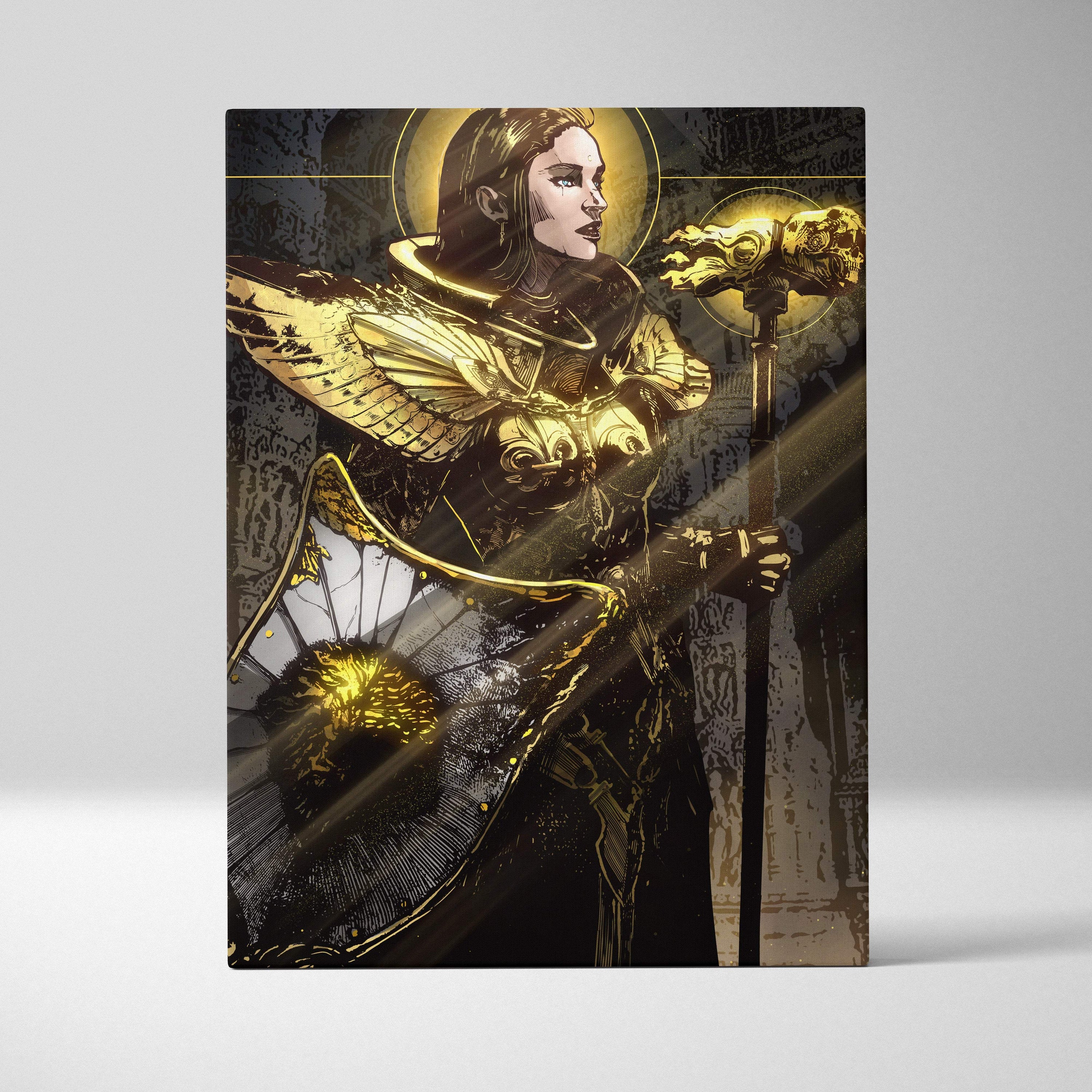 Golden valkyrie warrior canvas wall art featuring golden-winged armored female knight on dark background with halo and wings