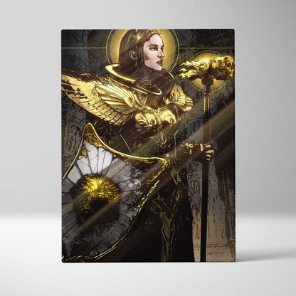 Golden valkyrie warrior canvas wall art featuring golden-winged armored female knight on dark background with halo and wings