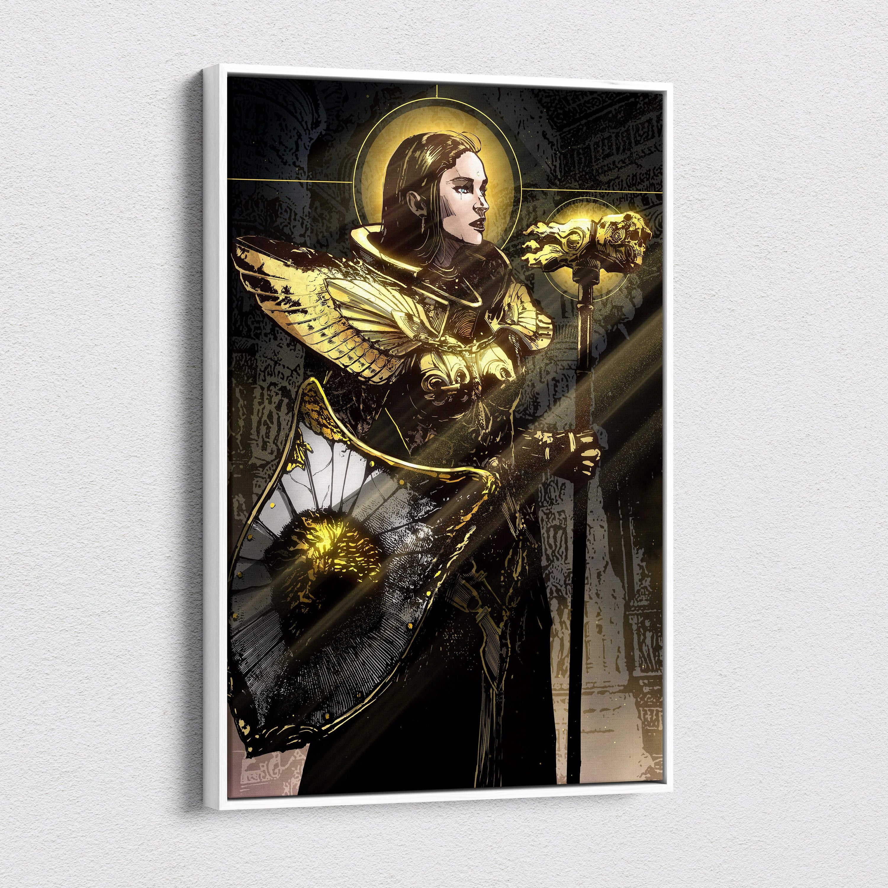 A framed golden valkyrie warrior canvas wall art featuring a radiant female knight with winged armor and halos on dark gothic background